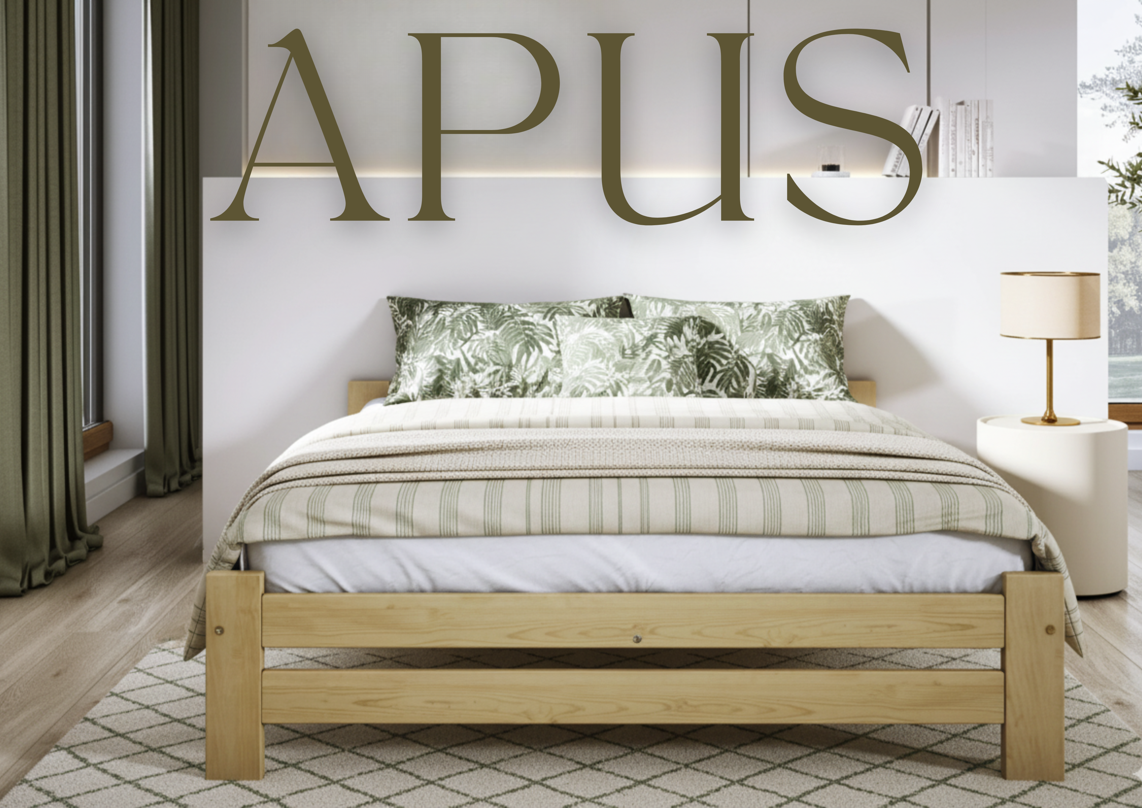 Nodax F14 Apus natural untreated pine wood bed frame, minimalist bed, eco-friendly, in white and green bedroom