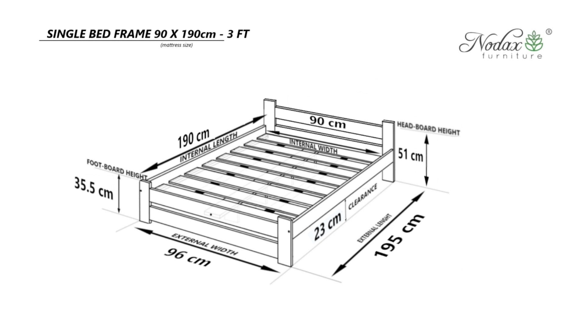 Nodax F14 Apus wooden bed frame, Single size dimensions