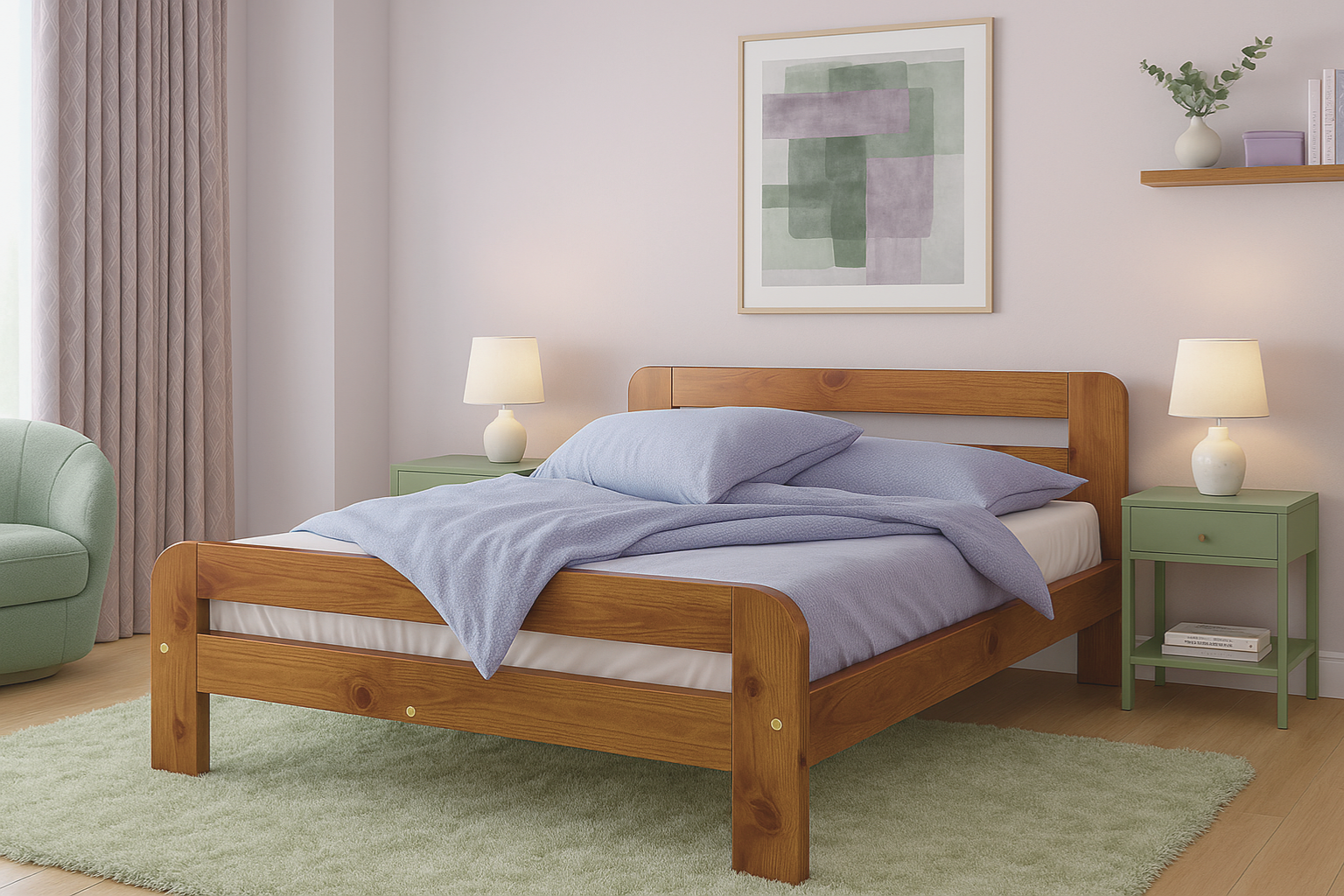 Nodax F2 Nordic Sky wooden bed frame, oak wood finish, green and lavender bedroom