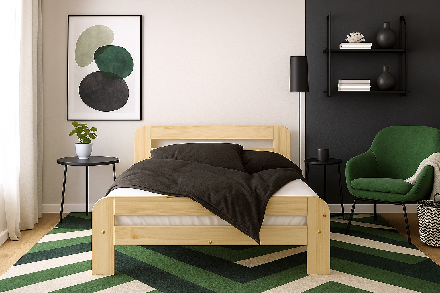 Nodax F2 Nordic Sky wooden bed frame, pine colour finish, green and black bedroom