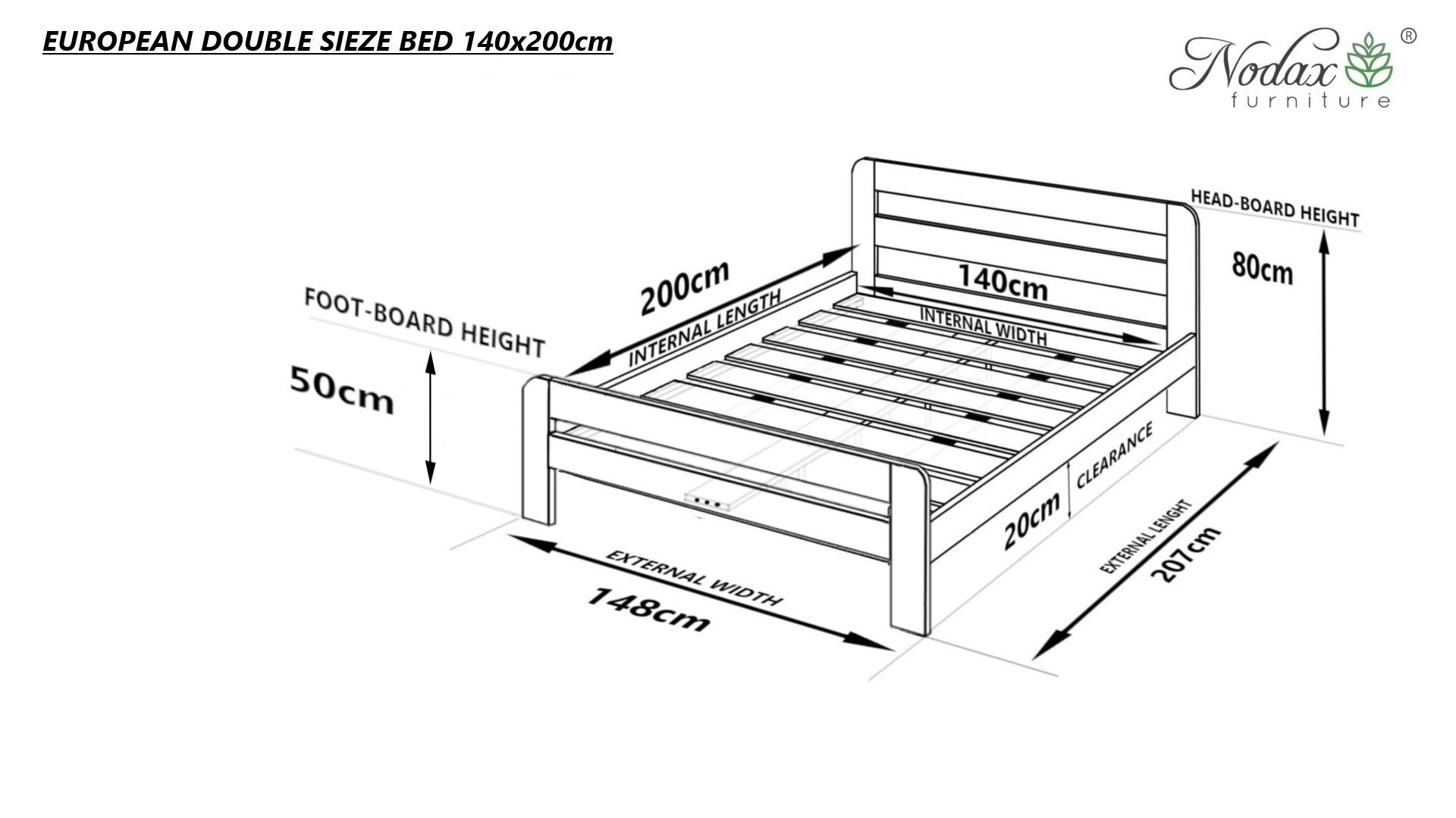 Nodax Nordic Sky F2 wooden bed frame, dimensions for European Double size