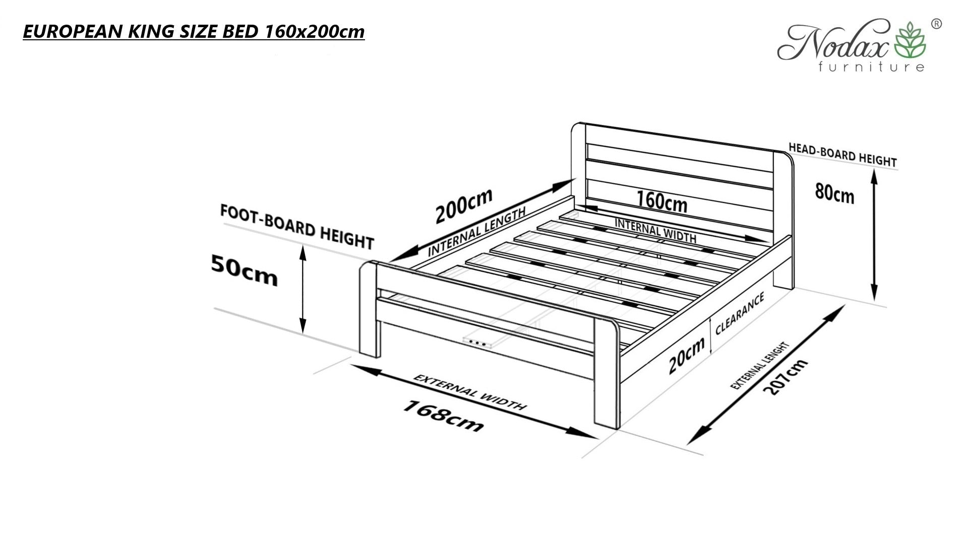 Nodax Nordic Sky F2 wooden bed frame, dimensions for European King size