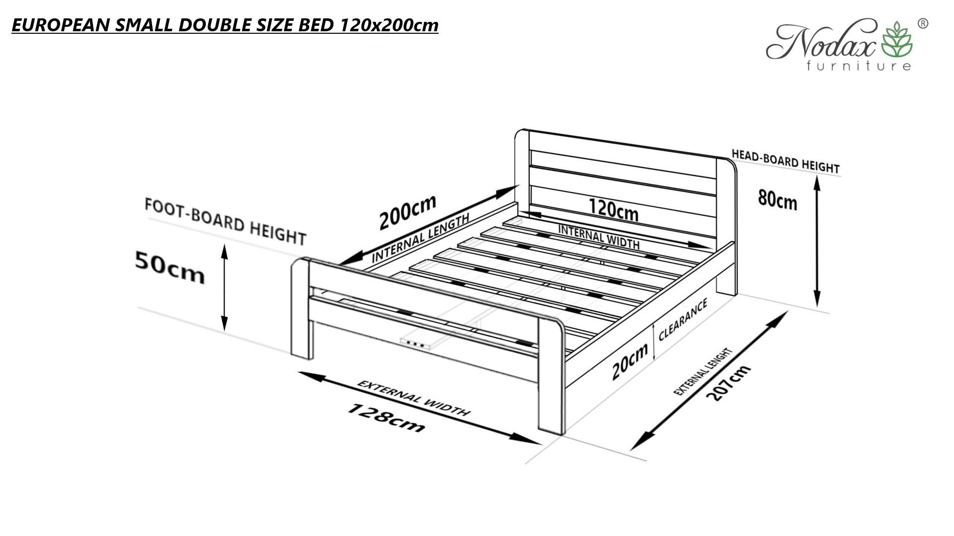Nodax Nordic Sky F2 wooden bed frame, dimensions for European Small Double size