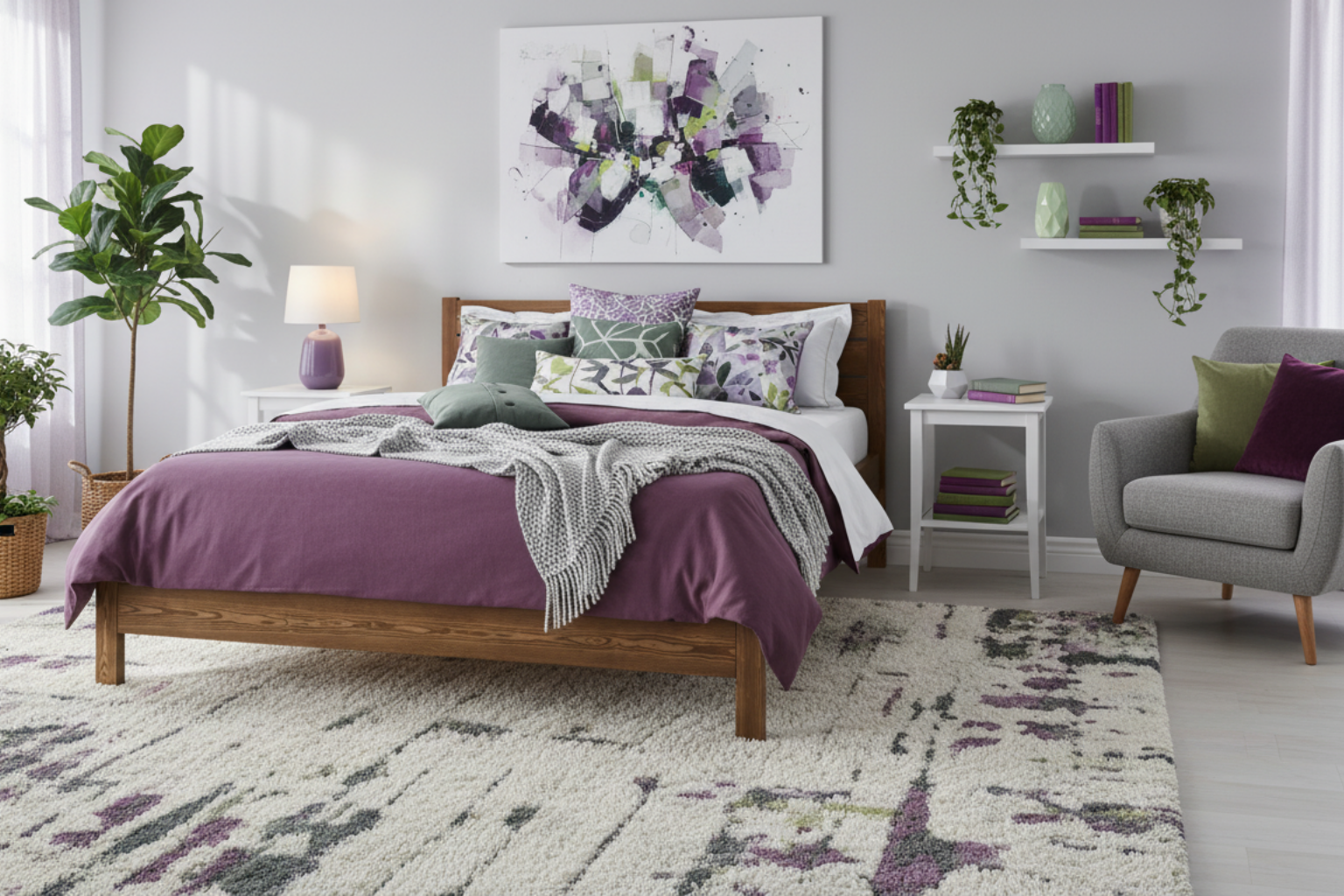 Nodax F3 Alva wooden bed frame in oak finish within purple, green and grey modern bedroom