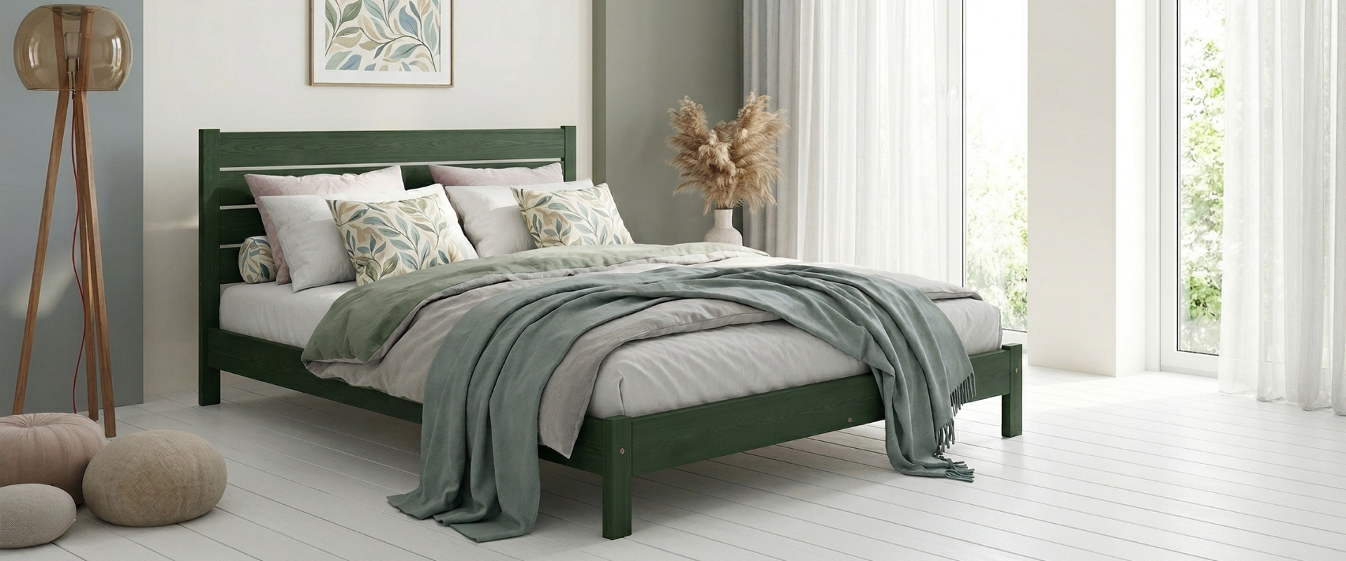 Nodax F15 Shibui soild wooden bed frame in Midnight Green eco-colour woodtsain finish, Japanese-inspired bedroom