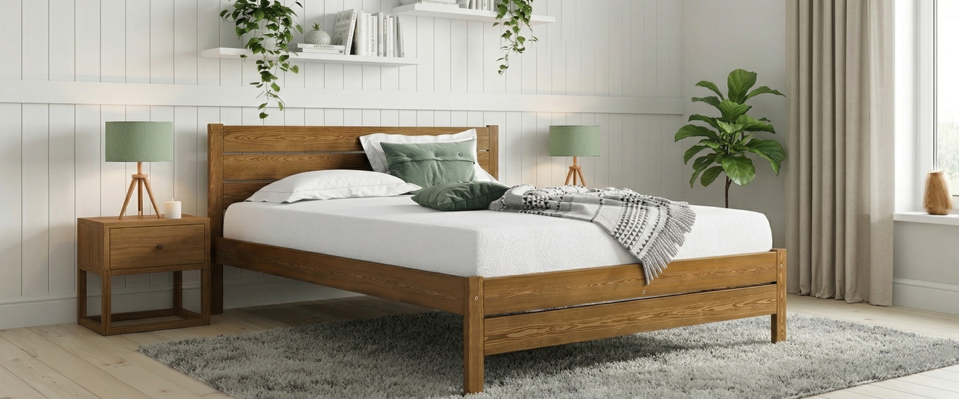 Nodax F3 Alva wooden bed frame in Oak finish in white, green and grey modern bedroom