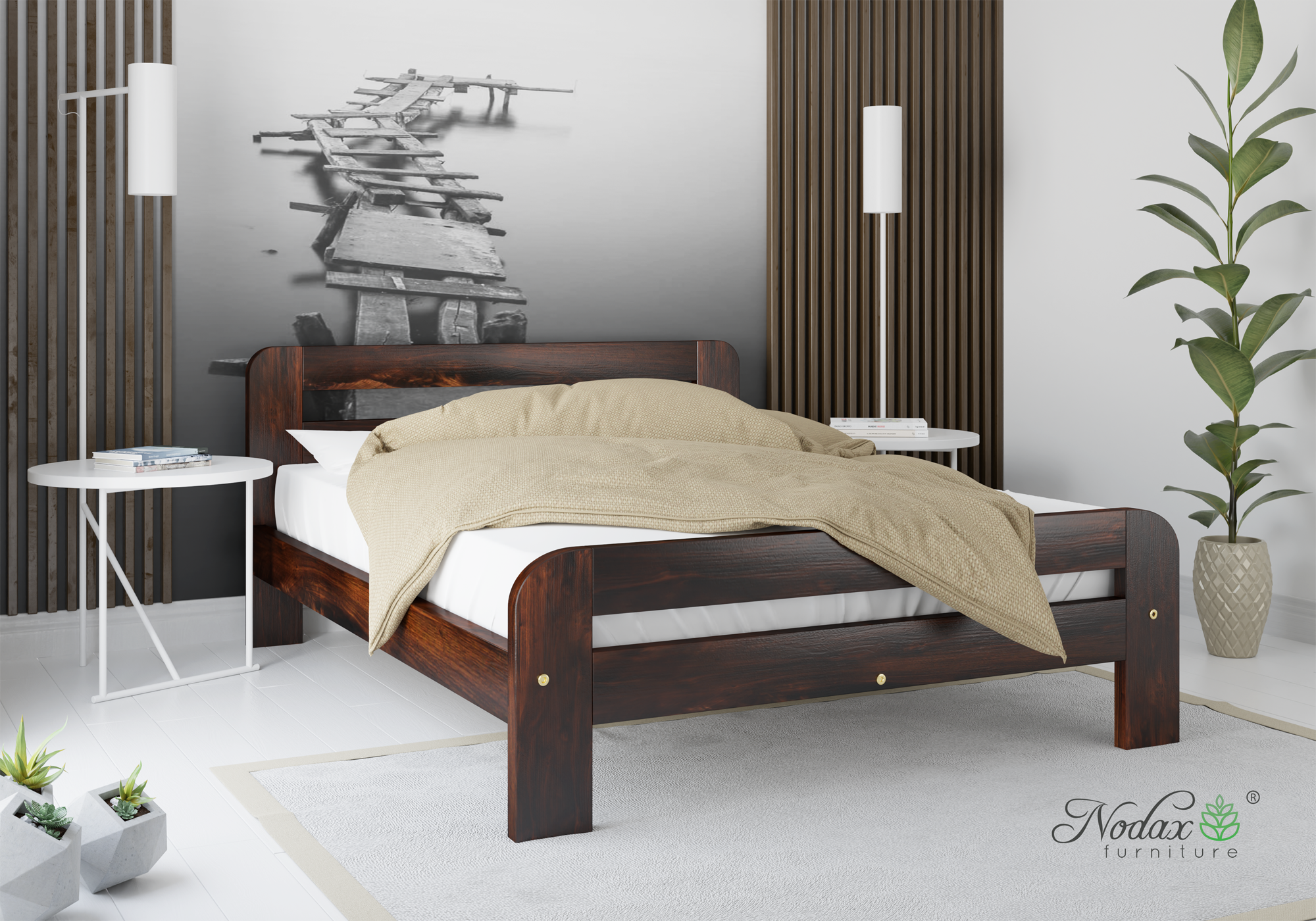 Nodax Nordic Sky F2 wooden bed frame in walnut finish, minimalist bed