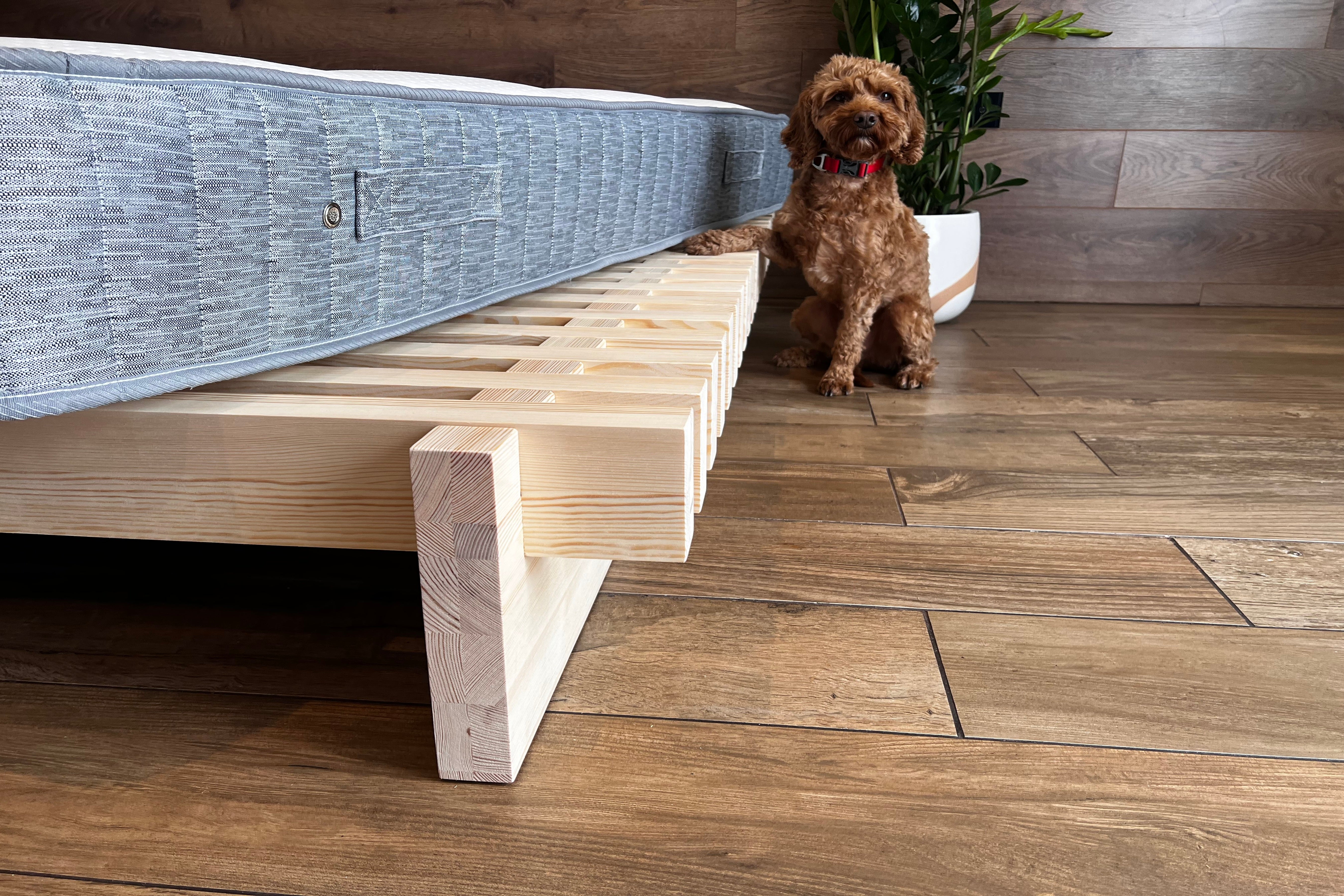 Nodax wooden bedframe, F8 Sirius stong bed, beautiful natural untreated pine wood, heavy duty slats, extra support, easy slot-together assembly, Bobby D.O.G approved