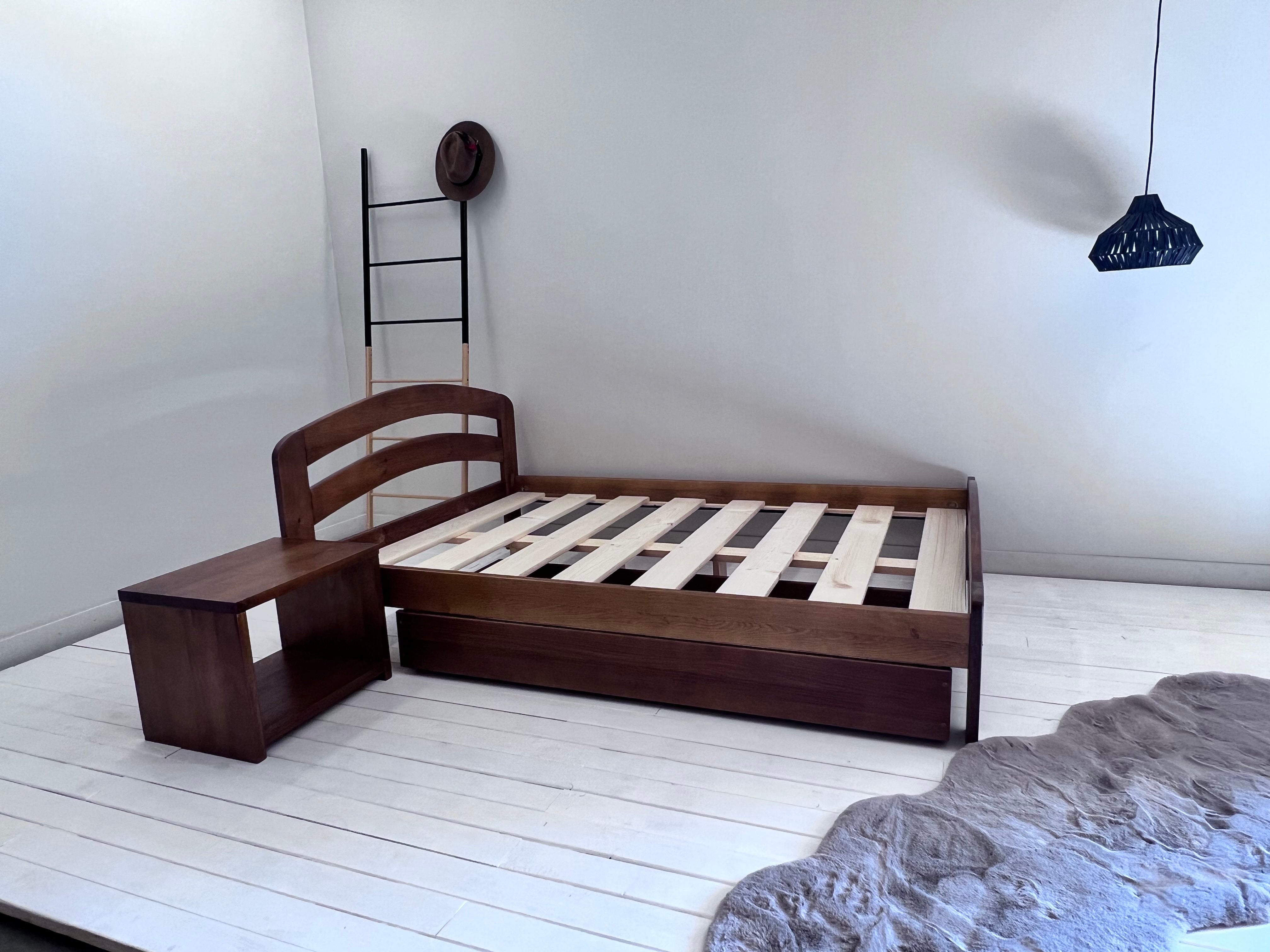 Nodax B1 wooden bedside cabinet next to wooden bed frames, two shelves, low bedside table, walnut finish