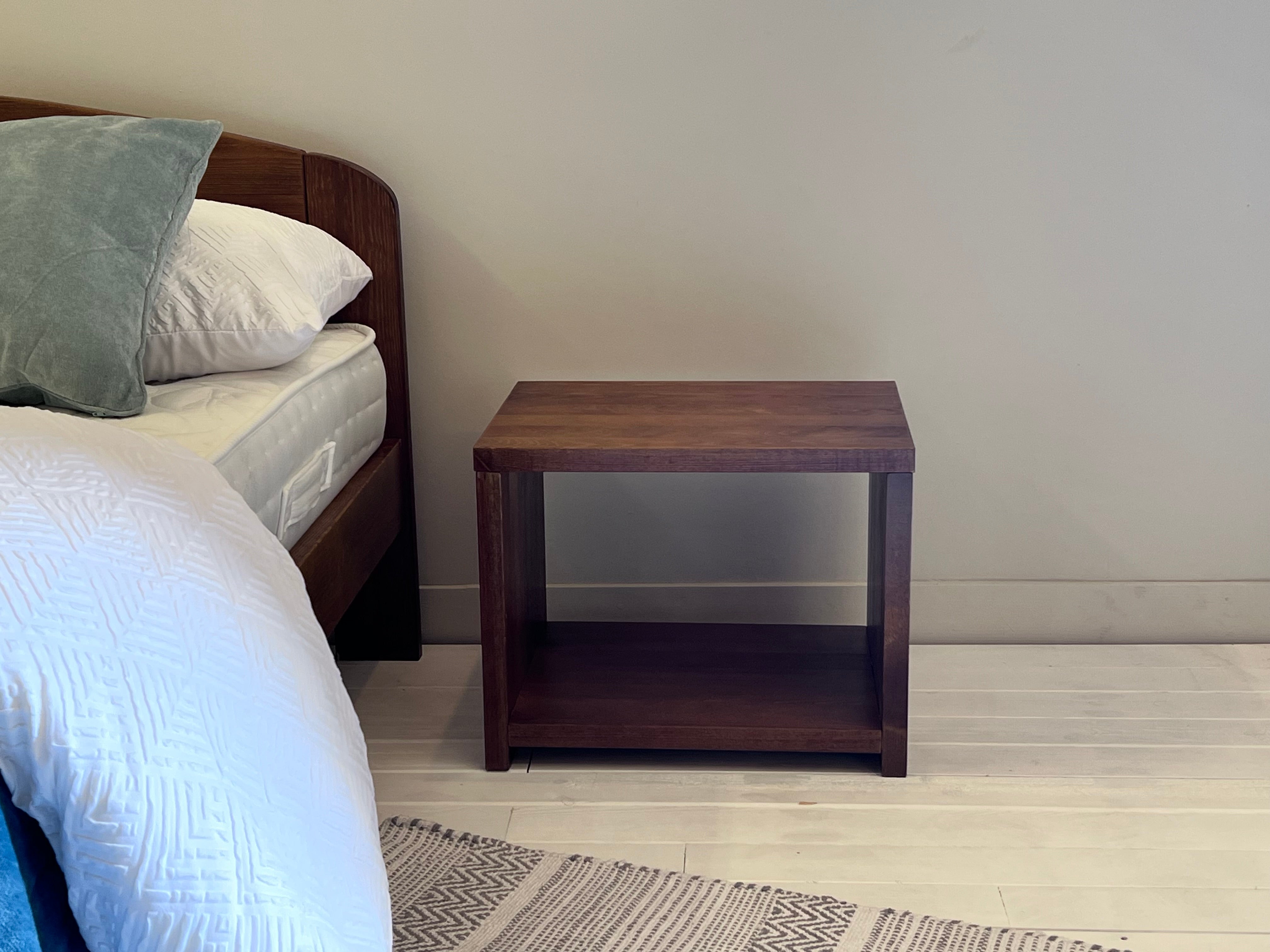 Nodax B1 wooden bedside cabinet, two shelves, low bedside table, walnut finish