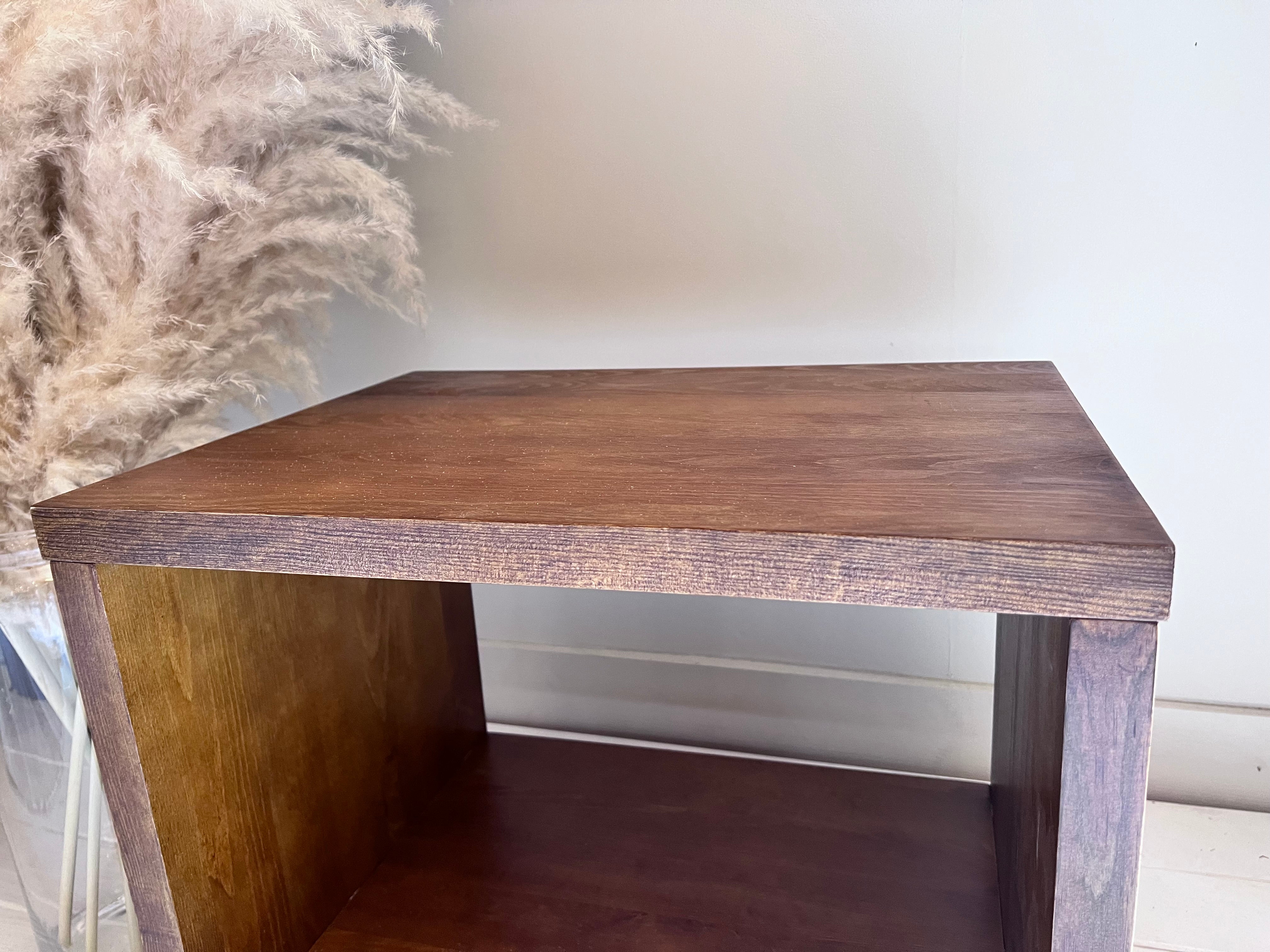 Nodax B1 wooden bedside cabinet close up, two shelves, low bedside table, walnut finish