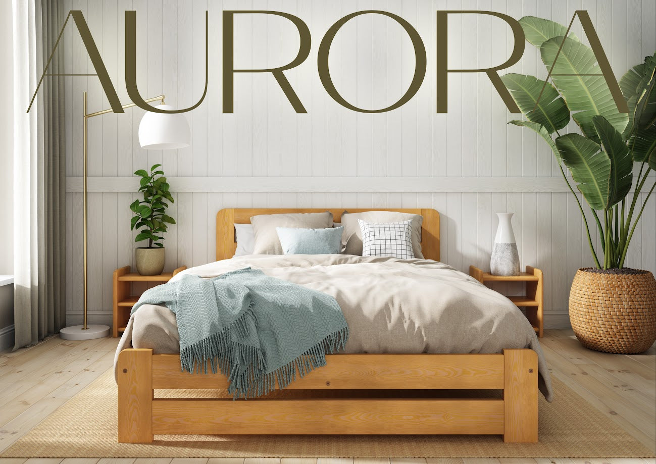 Nodax F1 Aurora wooden bed frame in alder finish, in modern bedroom with bedside tables, rug and plants