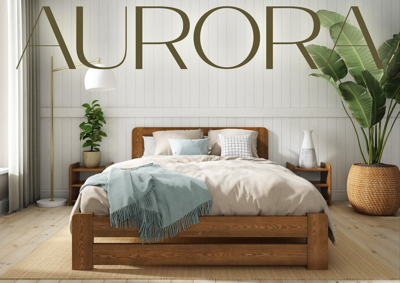 Nodax F1 Aurora wooden bed frame in oak finish, in modern bedroom with bedside tables, rug and plants
