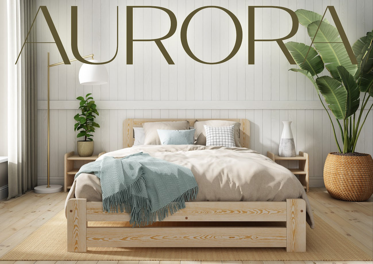 Nodax F1 Aurora wooden bed frame in pine finish, in modern bedroom with bedside tables, rug and plants