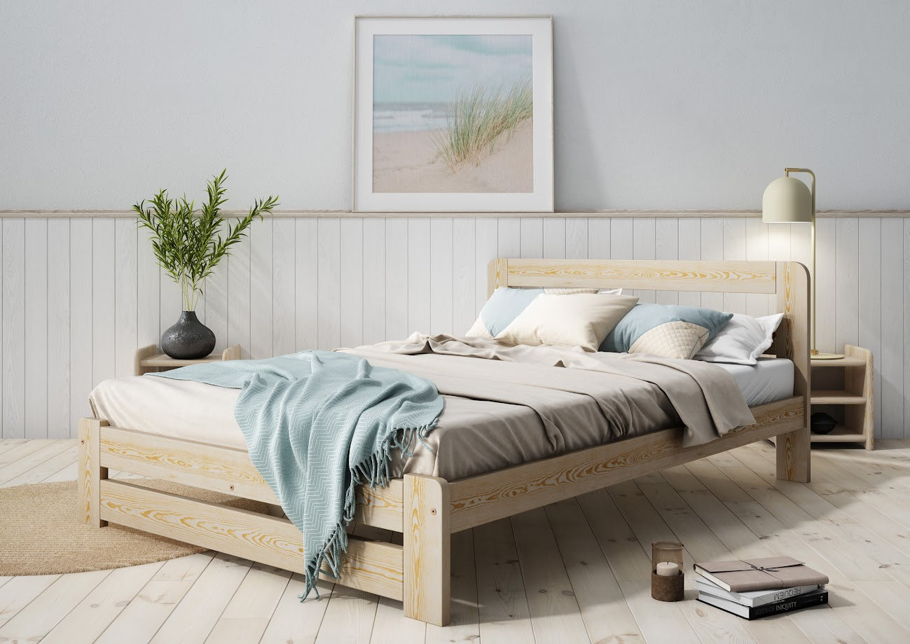 Nodax F1 natural untreated beds, raw wooden bredframes, for allergens, natural pine grain,  healthy indoor air quality, sustainable, eco friendly beds