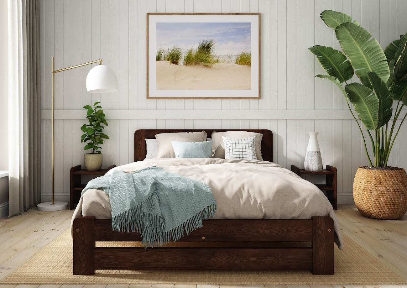 Nodax F1 Aurora wooden bed frame, walnut finish, matching bedside tables