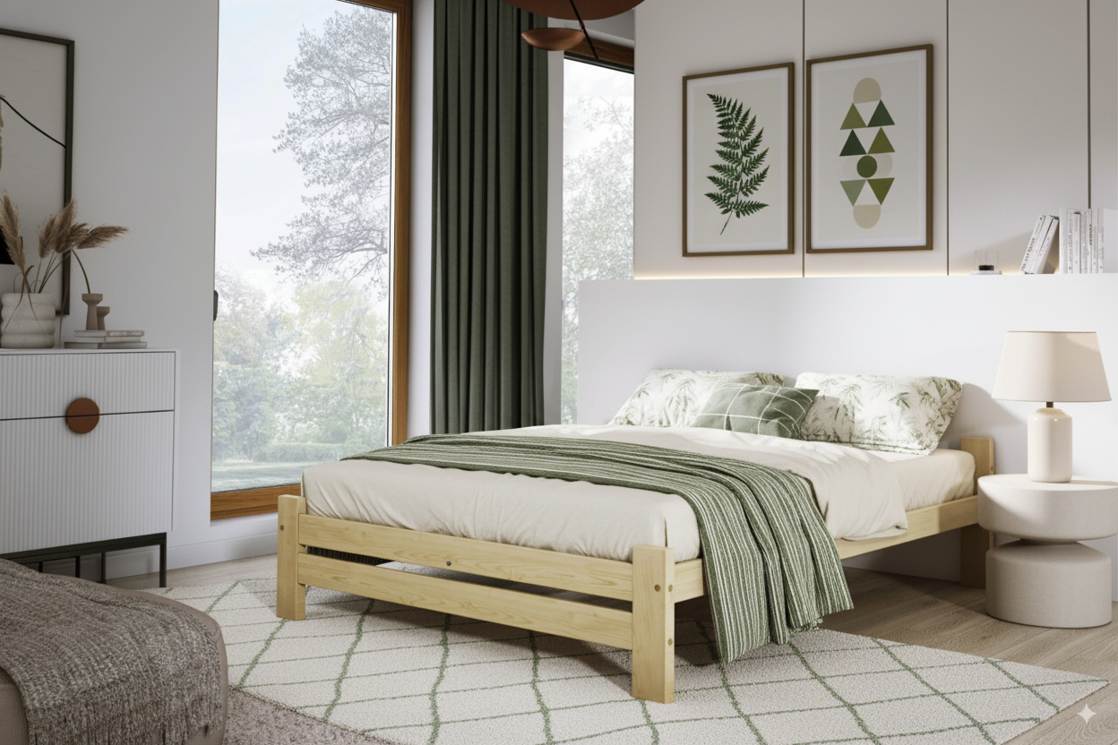 Nodax F14 Apus natural untreated pine wood bed frame, minimalist bed, eco-friendly, in white and green bedroom