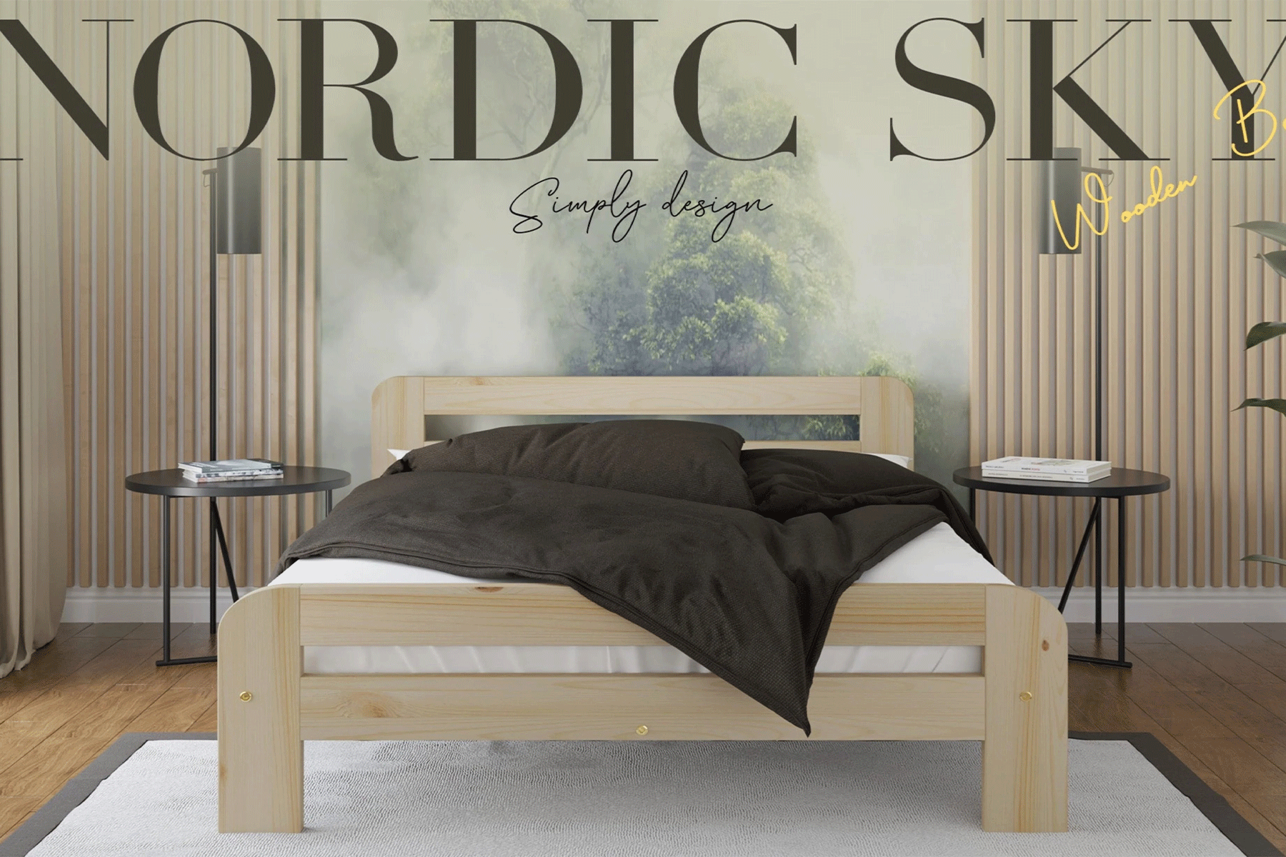 Nodax Nordic Sky F2 wooden bed frame in natural pine finish, minimalist bed