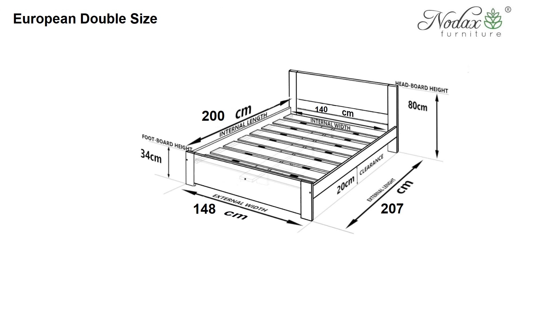 Nodax wooden bedframes, F11 Polaris, EU Double size dimensions