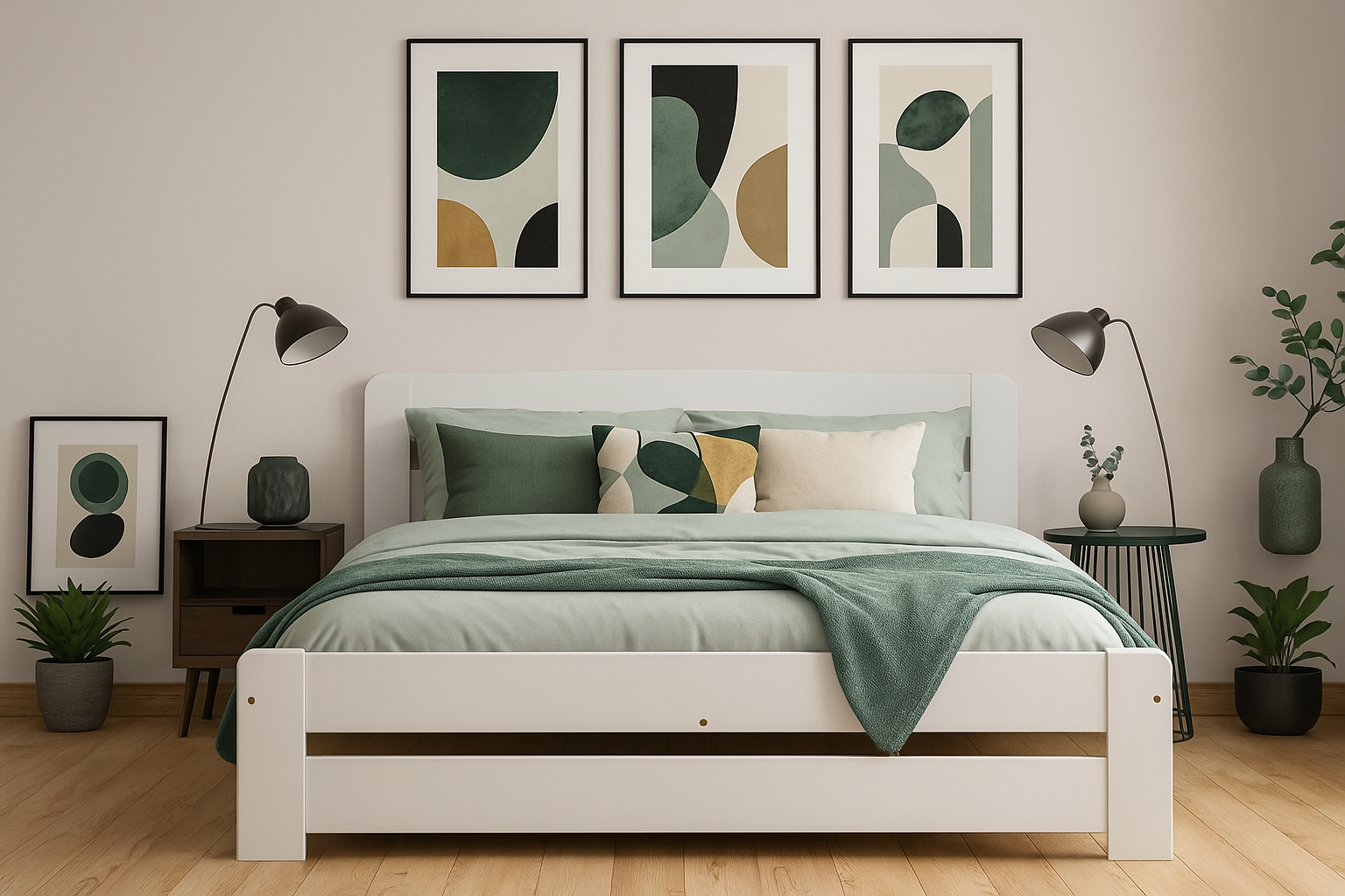 Nodax F1 Aurora wooden bed frame in white finish, in modern bedroom with abstract artwork