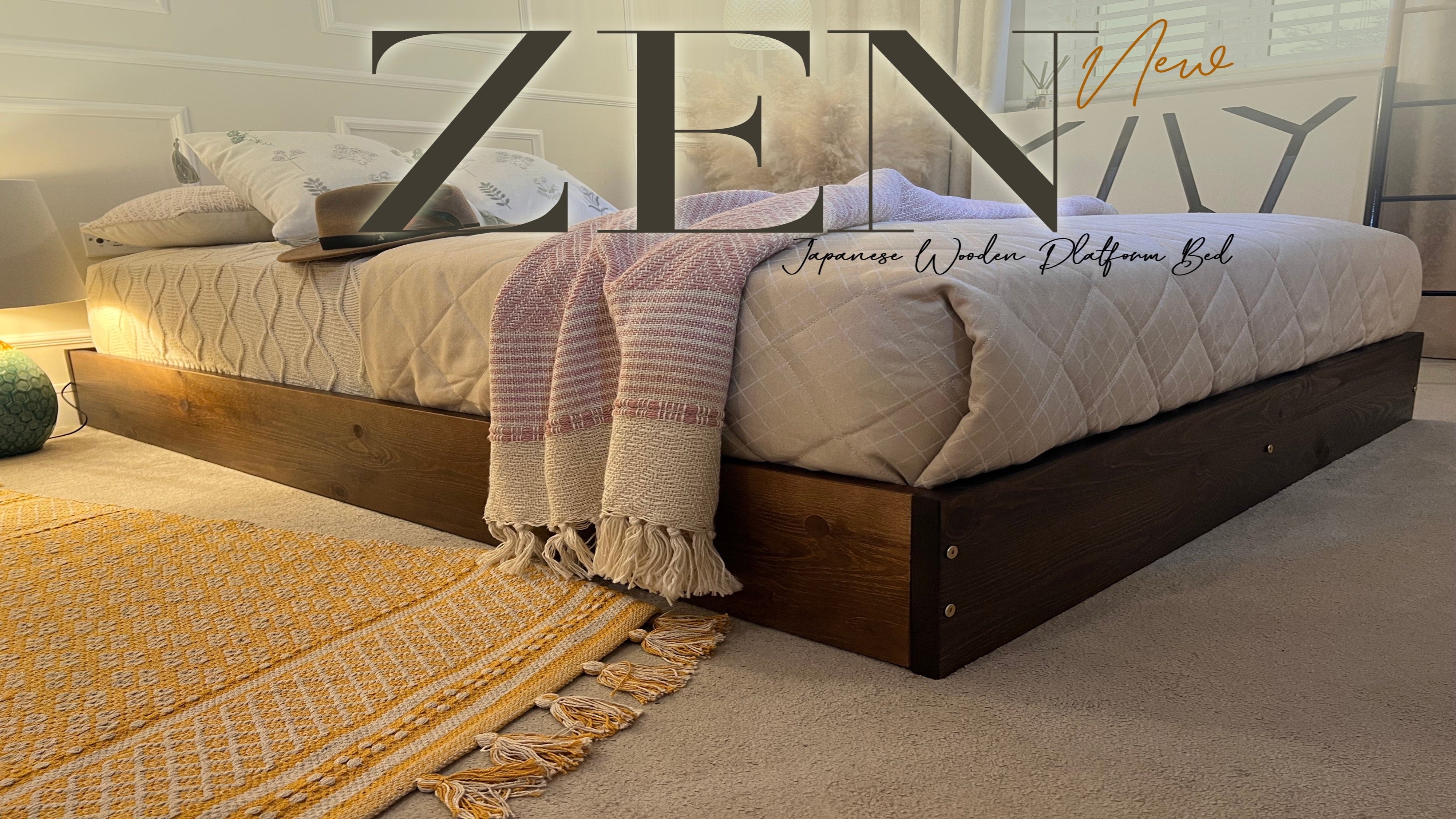 Nodax F9 zen wooden bedframe, low raised bed, japanese platform bed, walnut finish
