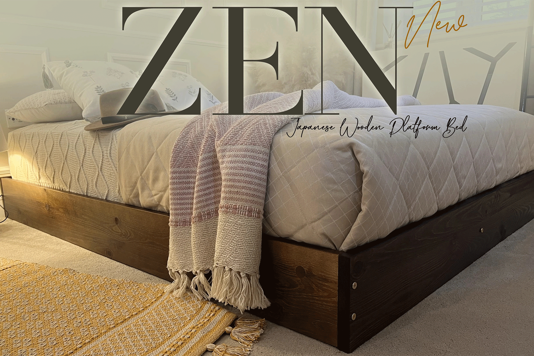 Nodax F9 zen wooden bedframe, low raised bed, japanese platform bed, walnut finish