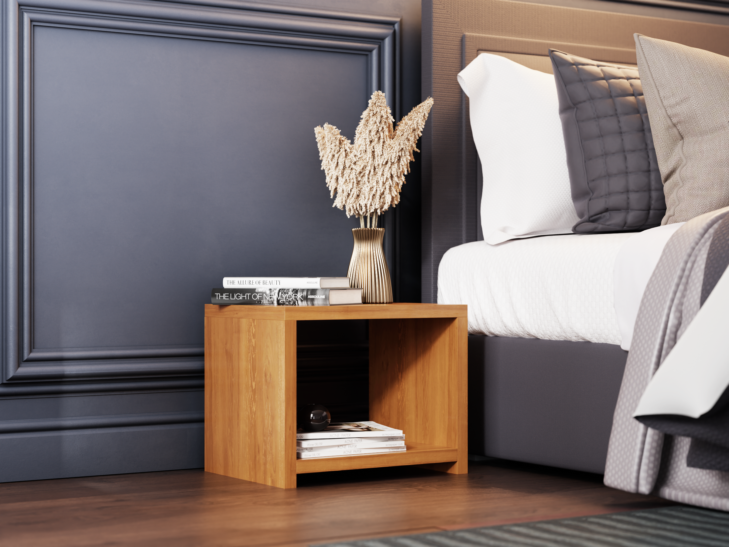 Nodax B1 wooden bedside cabinet, two shelves, low bedside table, alder finish