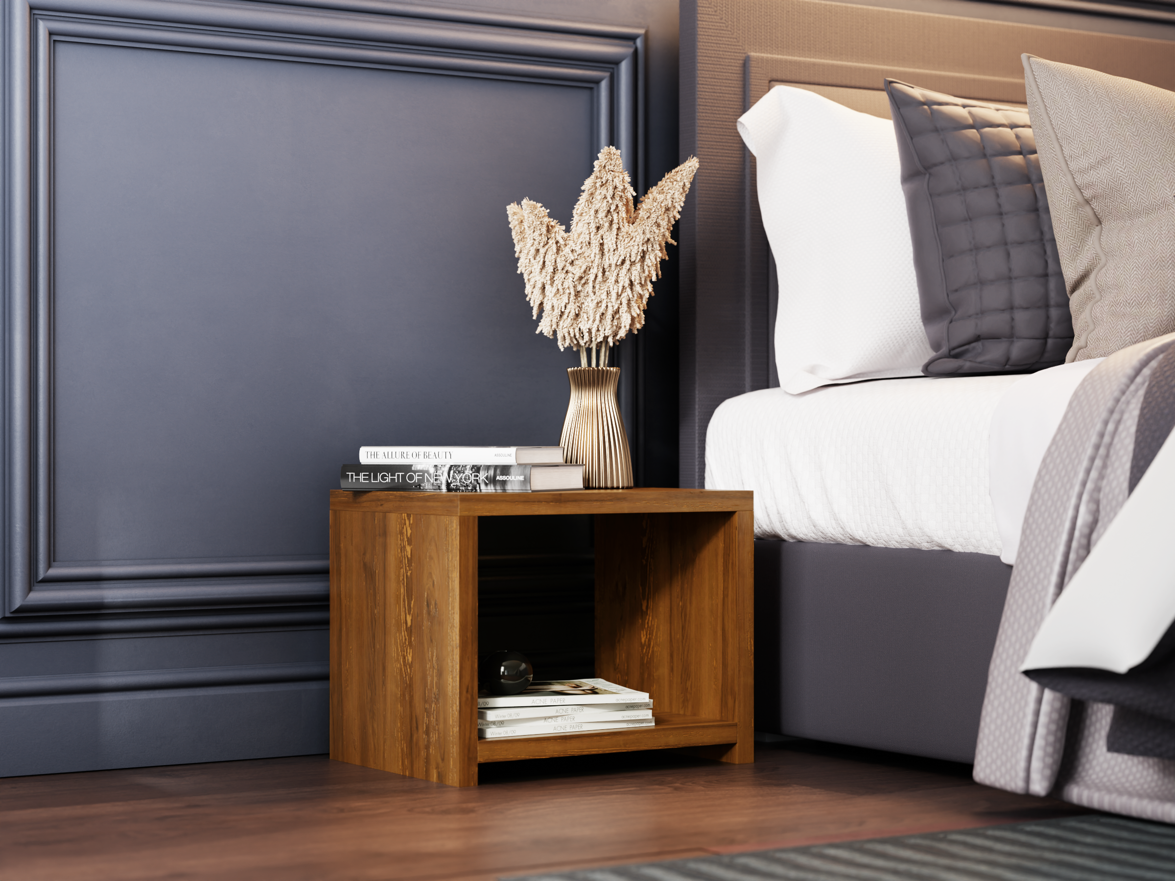 Nodax B1 wooden bedside cabinet, two shelves, low bedside table, oak finish