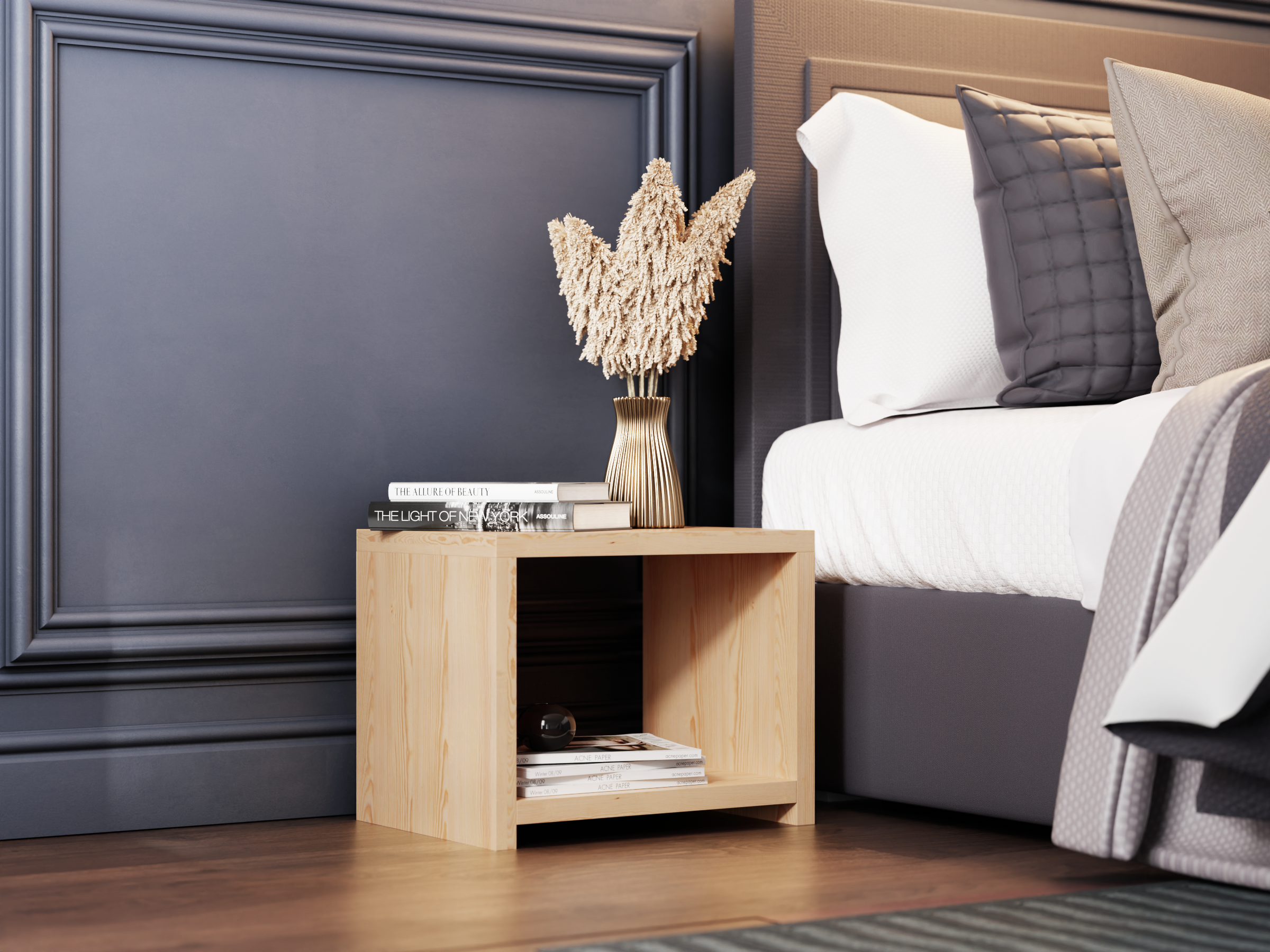 Nodax B1 wooden bedside cabinet, two shelves, low bedside table, pine finish