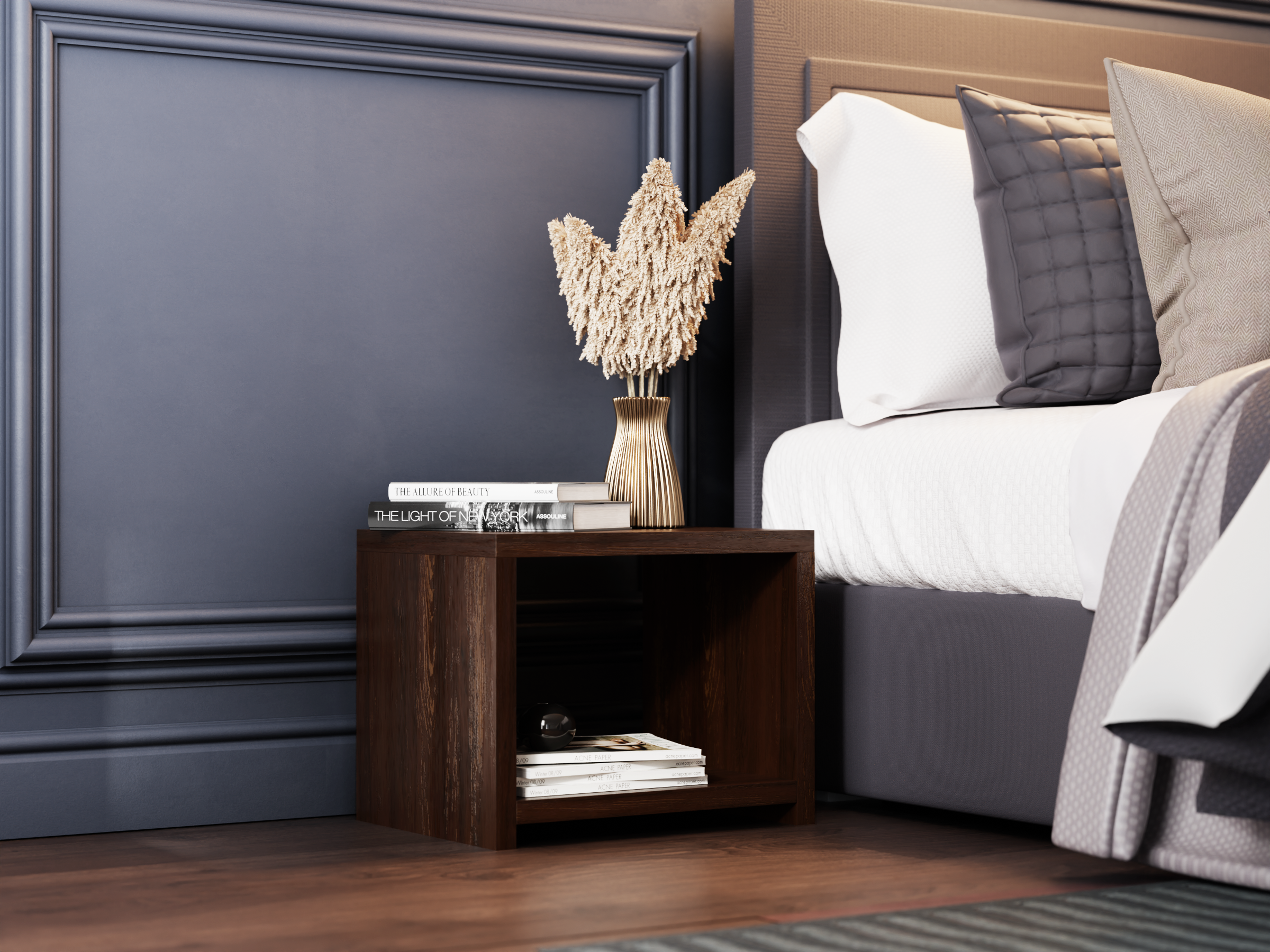 Nodax bedside cabinet B1, dark wood, walnut finish, bedside table, modern bed shelf