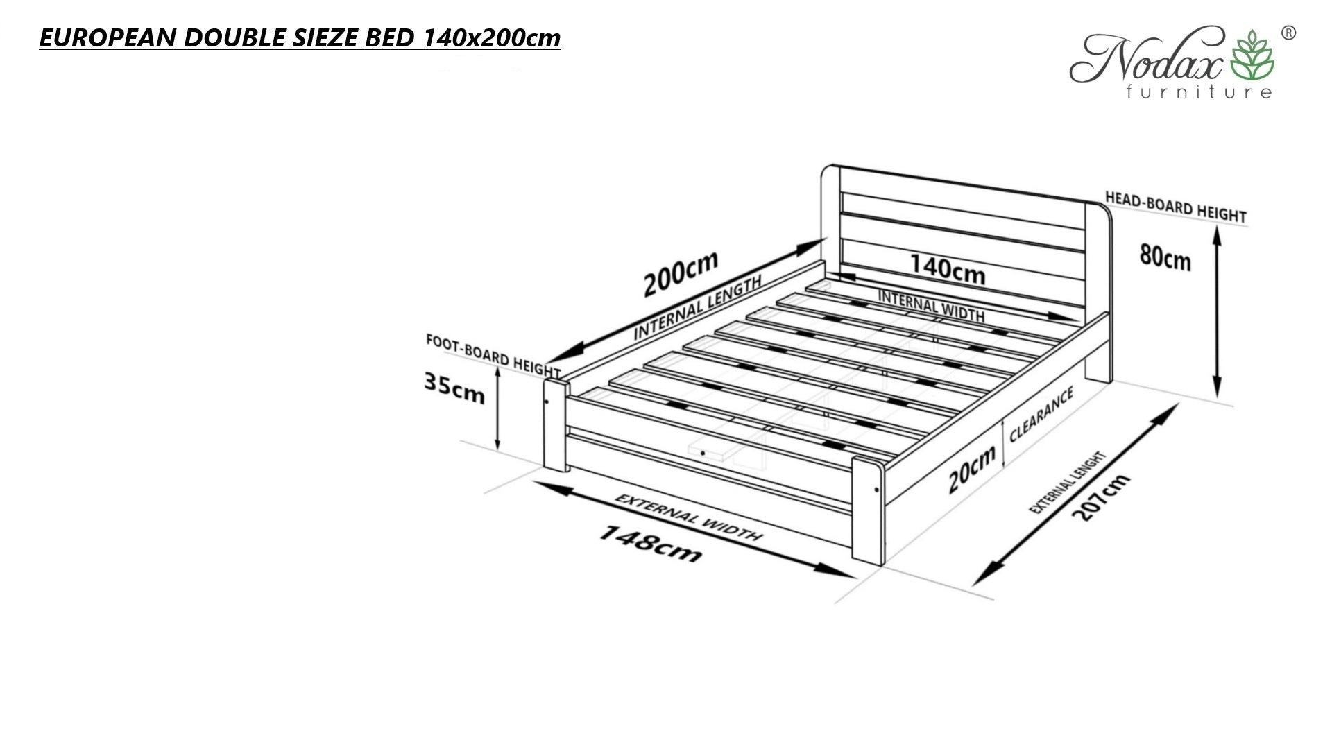 Nodax F1 Aurora wooden bed frame - European size dimensions, EU Double size
