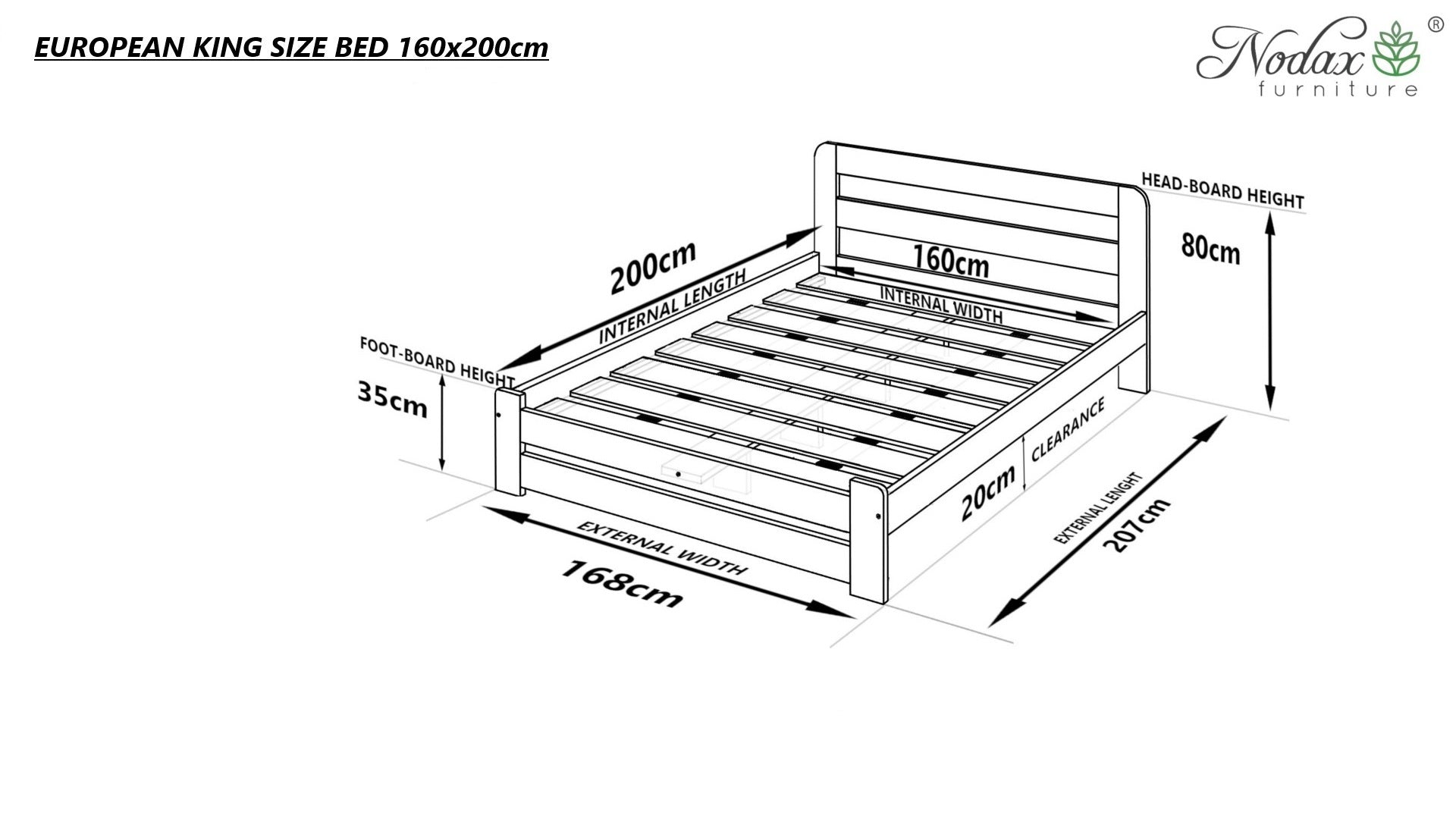 Nodax F7 Beta bed frame EU King, European king size bed dimensions