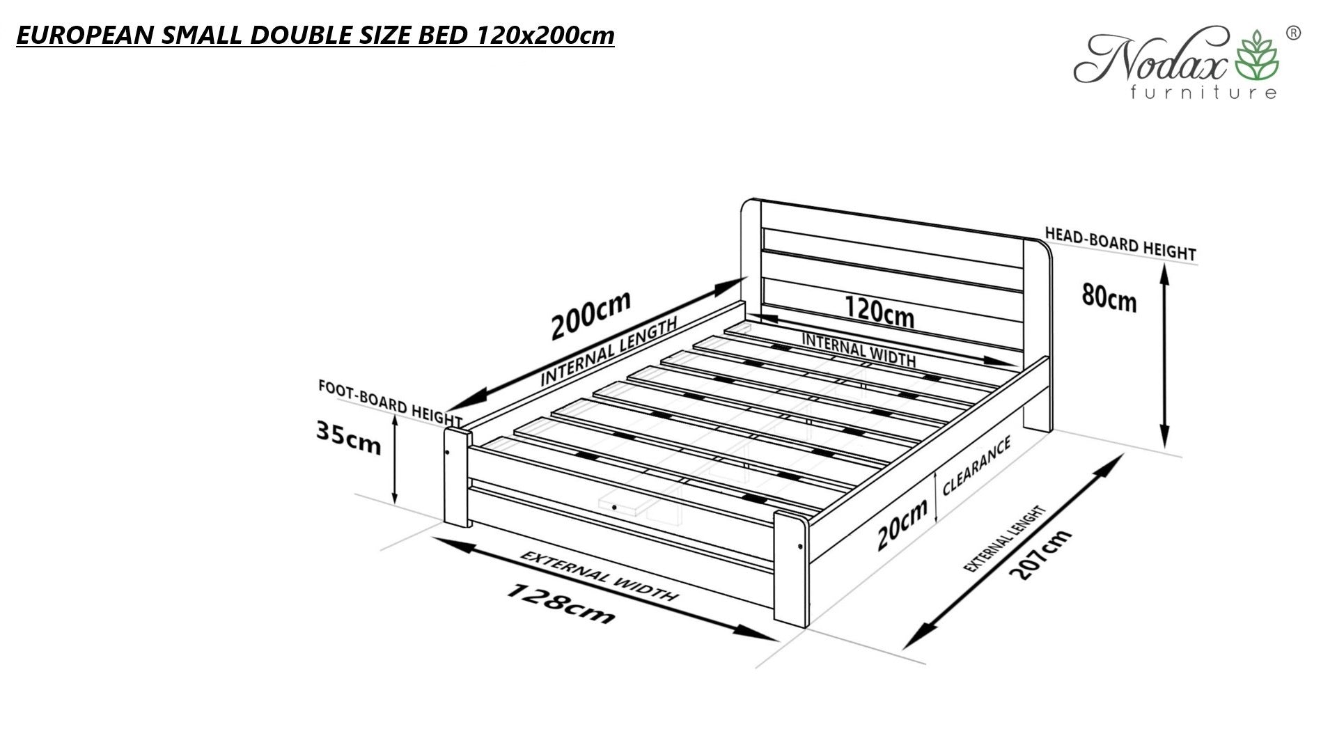 Nodax F1 Aurora wooden bed frame - European size dimensions, EU Small Double size