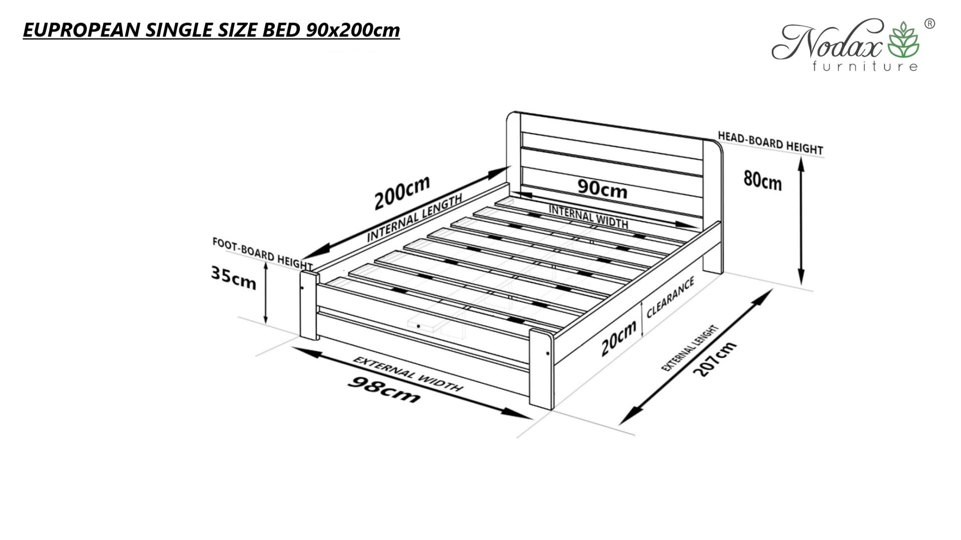 Nodax F1 Aurora wooden bed frame - European size dimensions, EU Single size