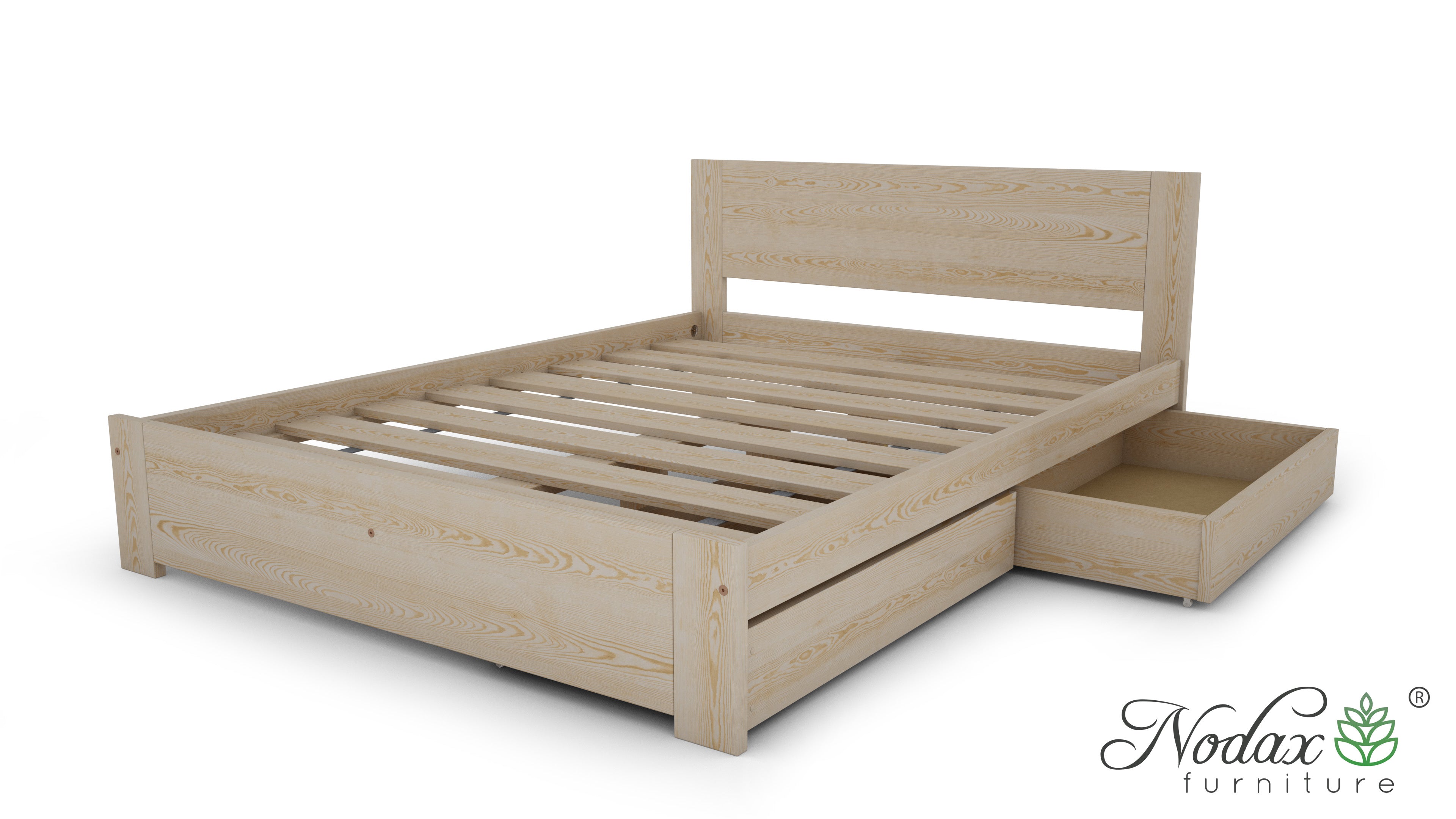 Nodax wooden bedframes, F11 Polaris, beautiful solid wood bed, pine finish, matching underbed drawers
