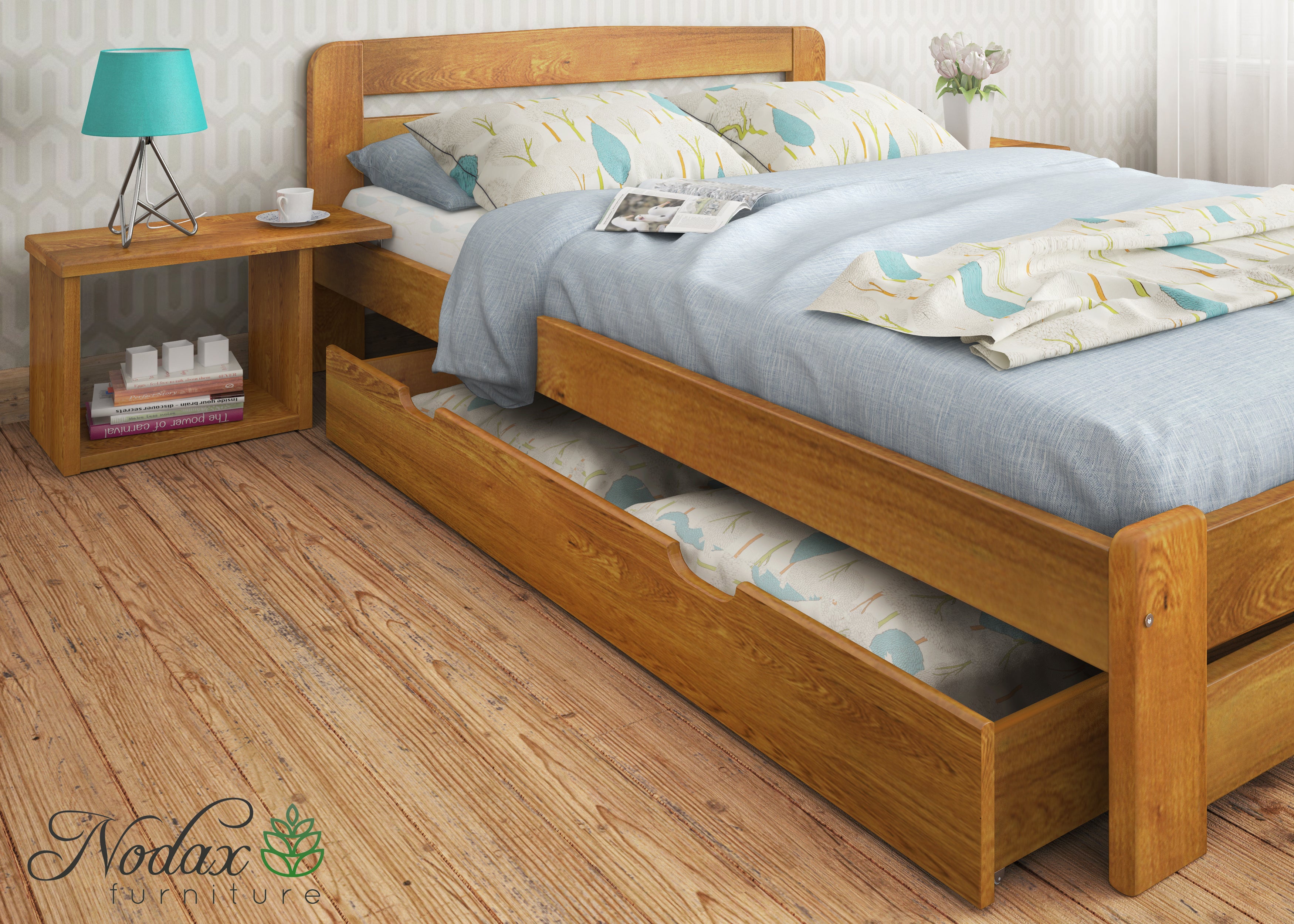 Nodax F1 Aurora wooden bed frame, oak finish, with matching underbed drawer and bedside table