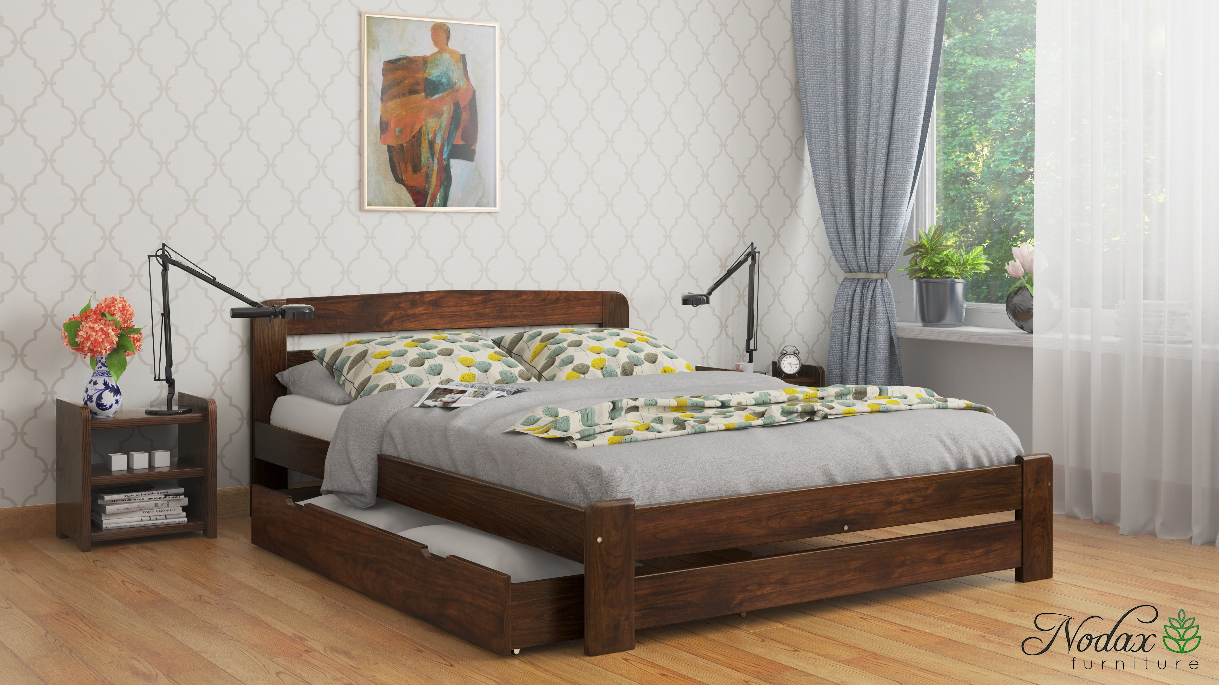 Nodax F1 Aurora wooden bed frame, walnut finish, with matching underbed drawer and bedside table
