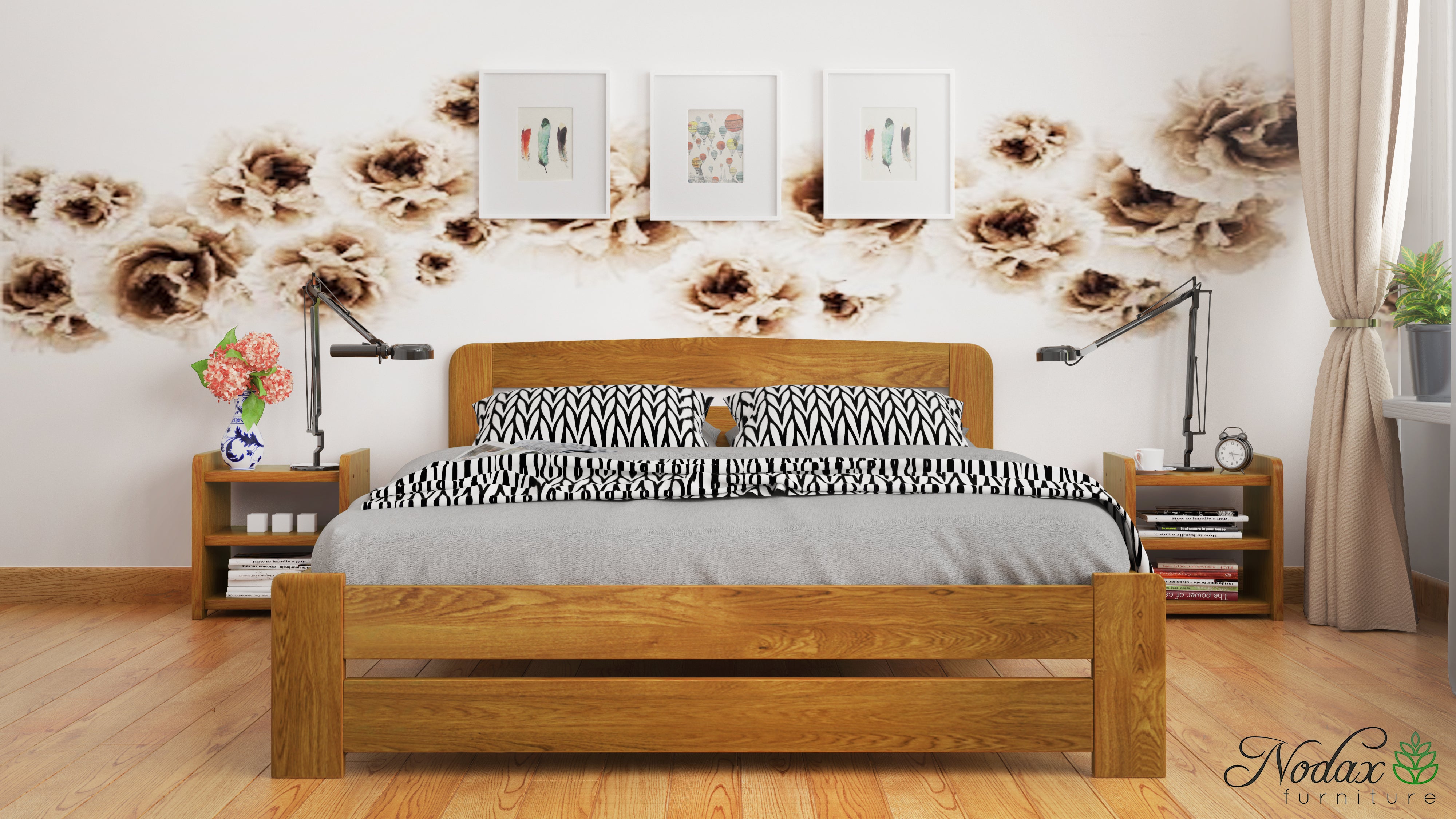 Nodax F1 Aurora wooden bed frame in oak finish with matching bedside tables