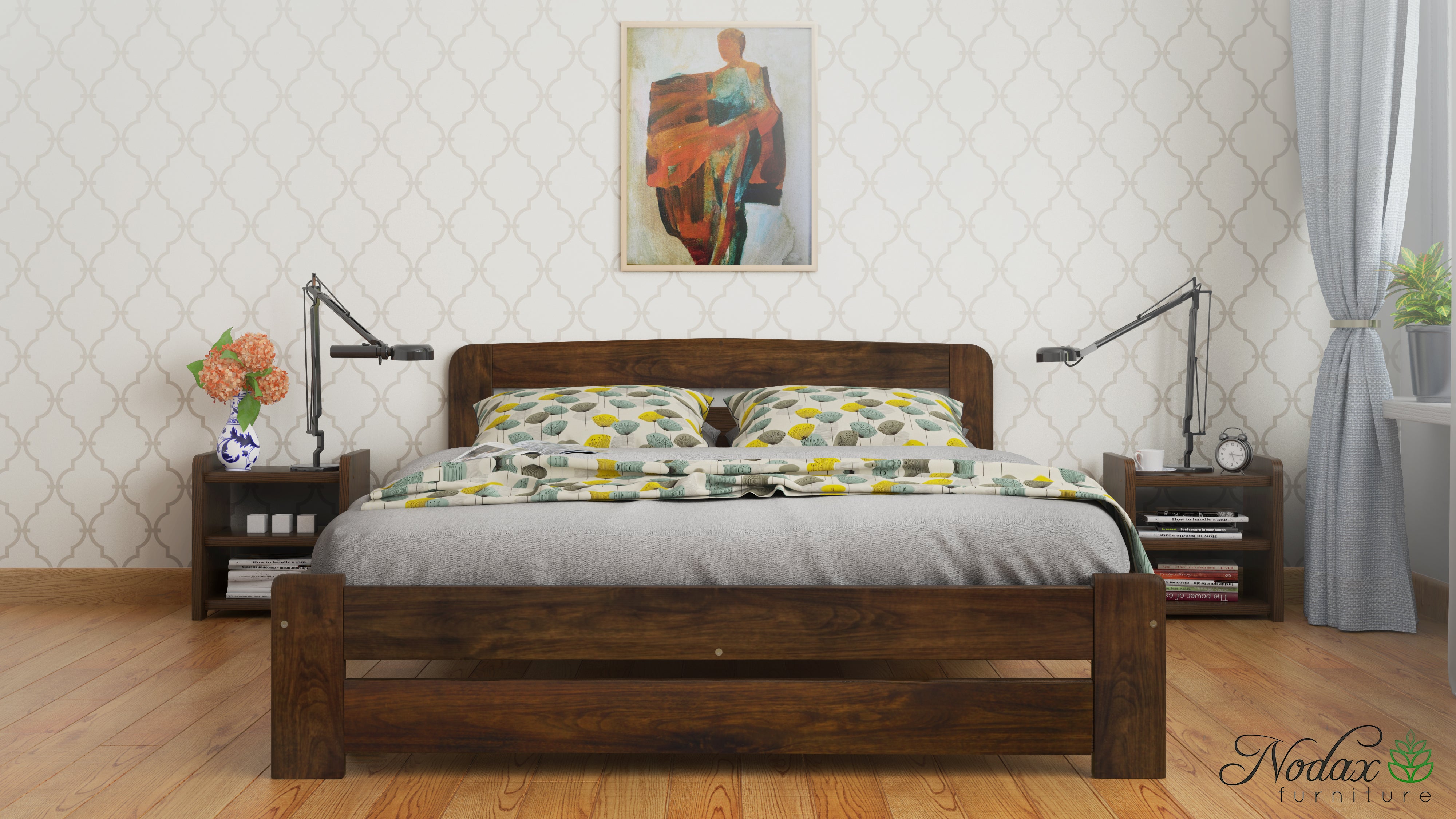 Nodax F1 Aurora wooden bed frame in walnut finish with matching  bedside tables