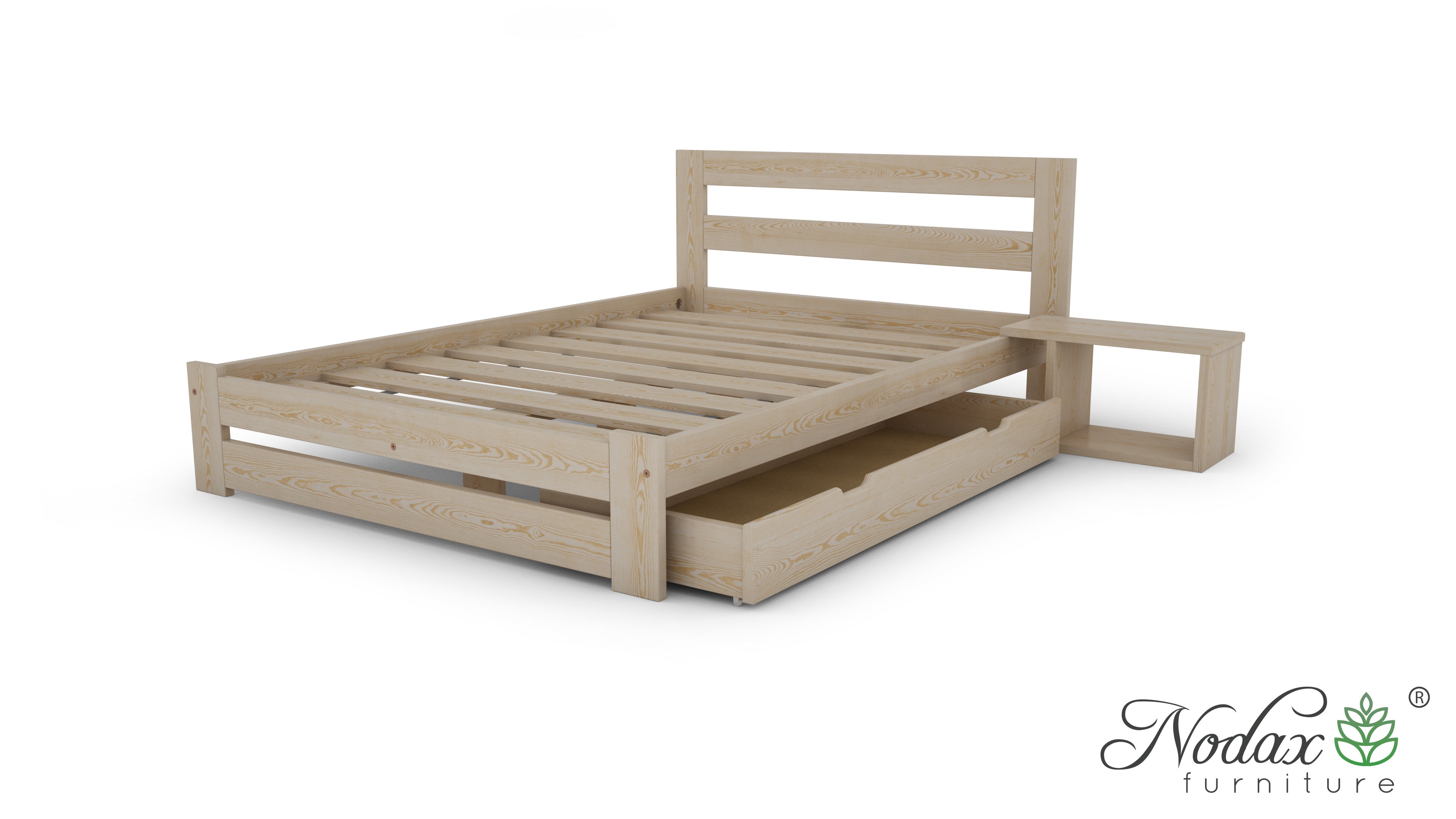 Nodax solid wooden bed frame, B7 Beta, pine finish, matching bedside table, wooden underbed drawer