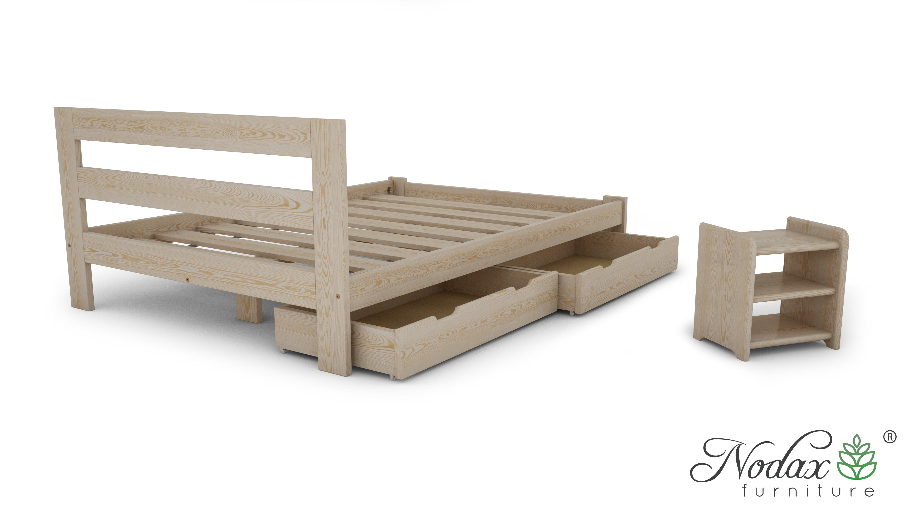Nodax solid wooden bed frame, B7 Beta, pine finish, matching bedside table, wooden underbed drawers