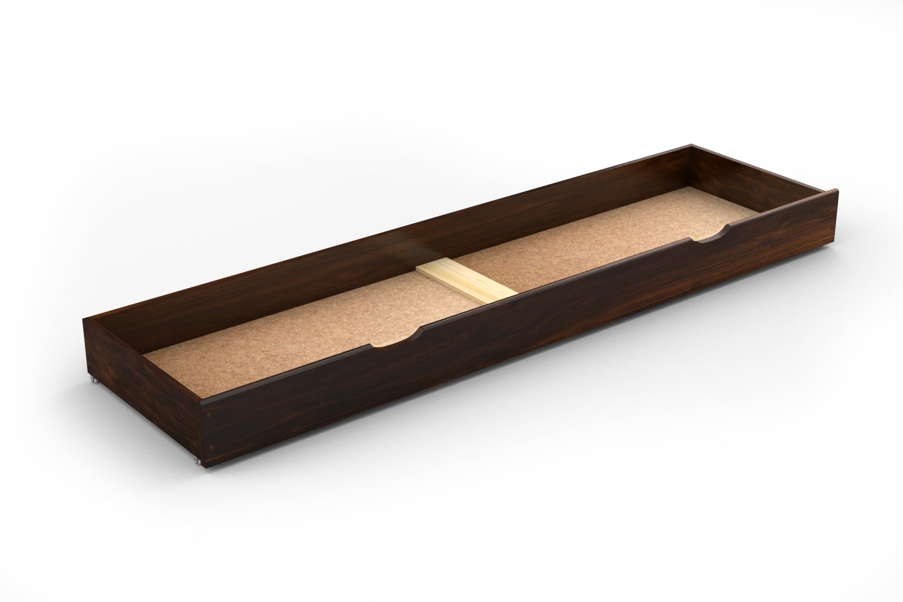 Nodax wooden underbed drawer, full bed length, walnut finish, hand grooves for easy pull and push