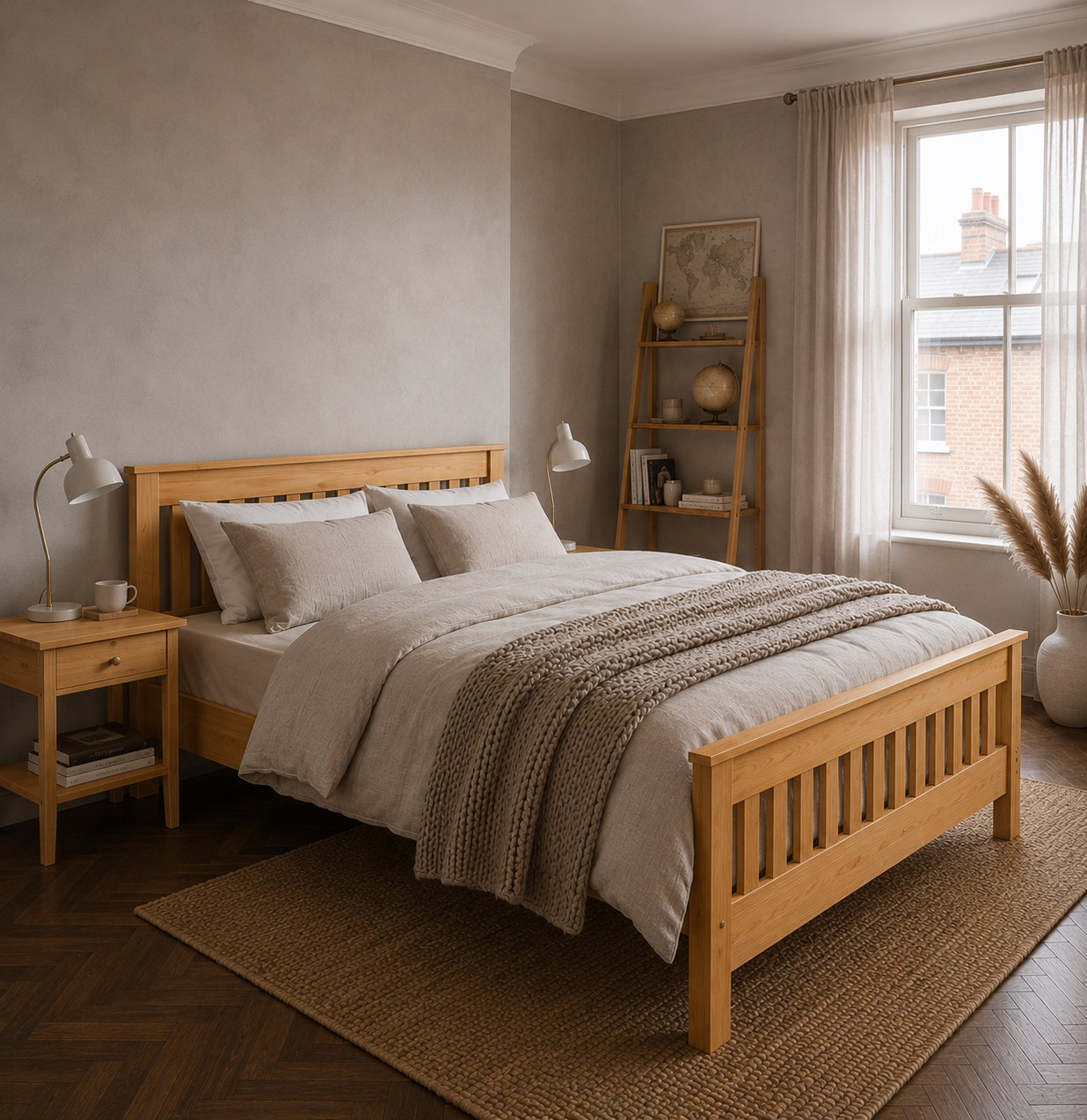 Neatly made bed with wooden headboard in a bedroom setting.