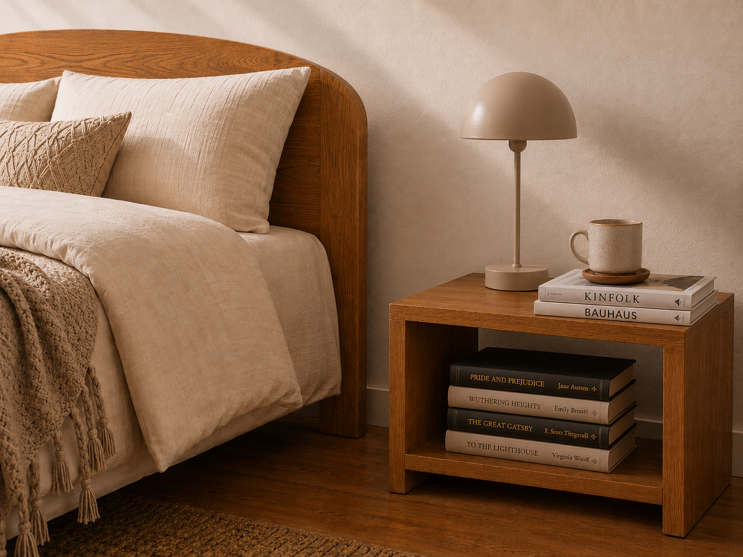 A warm, modern bedroom scene featuring a wooden nightstand with a dome-shaped table lamp and a stack of books, including one titled 'KINFOLK BAUHAUS'.