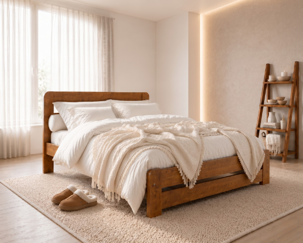 Nodax F1 Aurora solid wooden bed frame in Oak finish, with white and cream layered bedding, in minimalist bedroom with soft window light