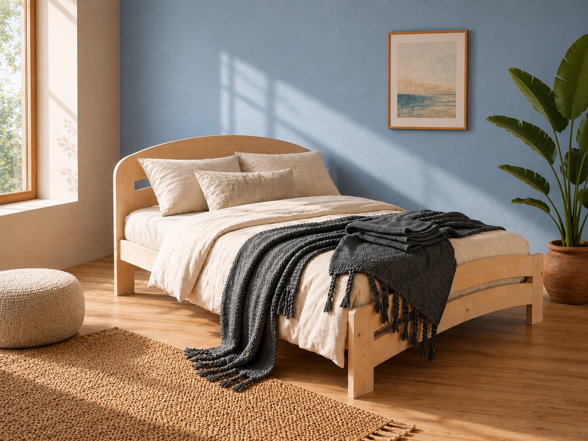 Bedroom with wooden bed, beige bedding, and a plant on a blue wall.