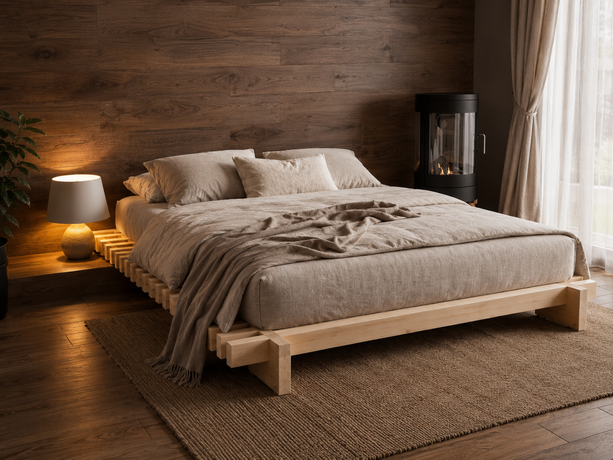 Wooden heavy duty bed with beige bedding in a room with wooden walls and a lamp.