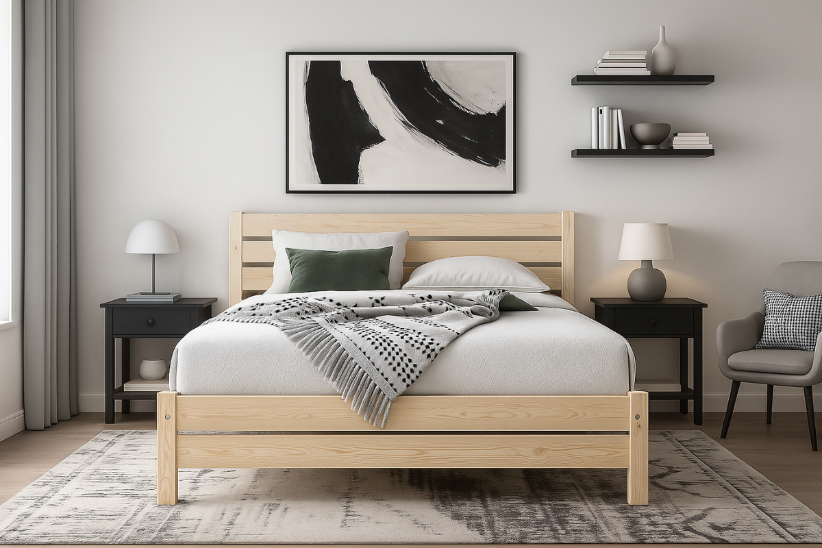 Nodax F3 natural untreated beds, raw wooden bredframes, for allergens, natural pine grain,  healthy indoor air quality, sustainable, eco friendly beds 