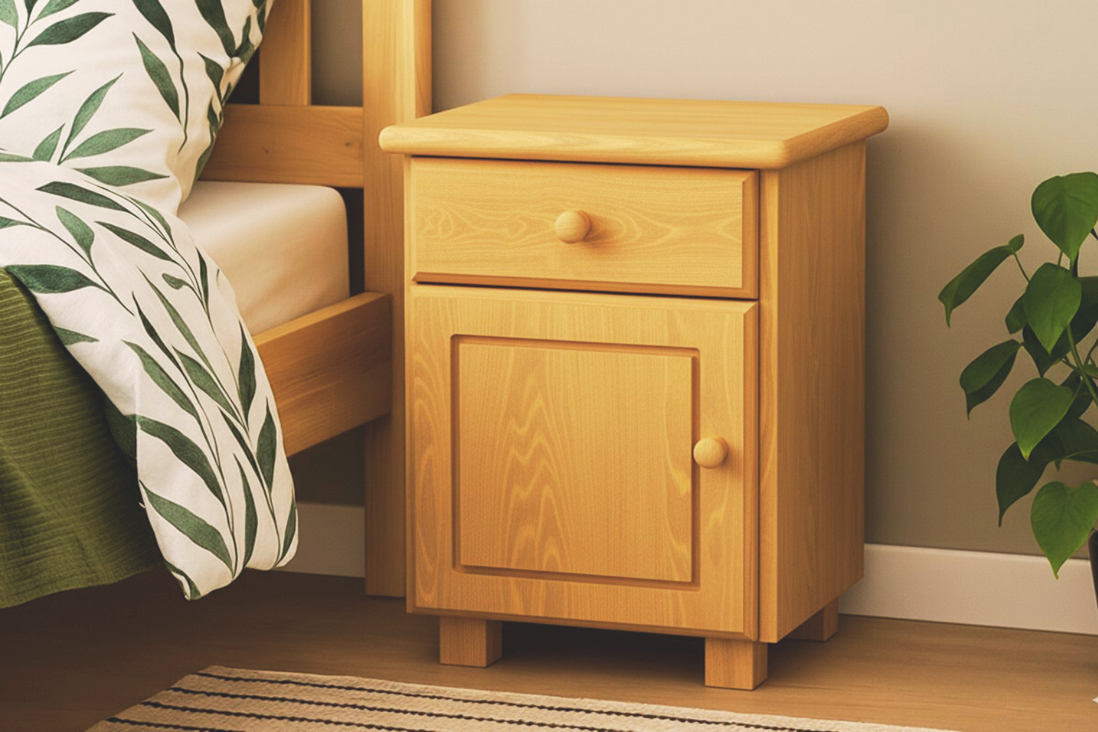 Nodax B4 wooden bedside unit with one drawer and cupboard, alder wood finish