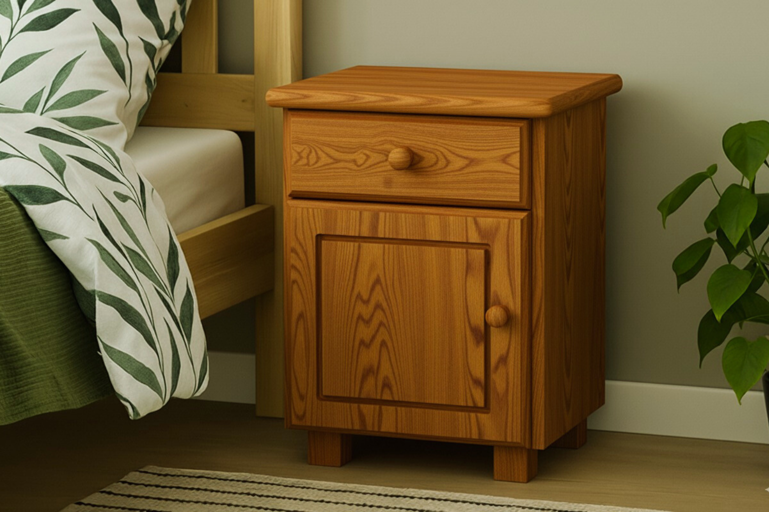 Nodax B4 wooden bedside unit with one drawer and cupboard, oak wood finish